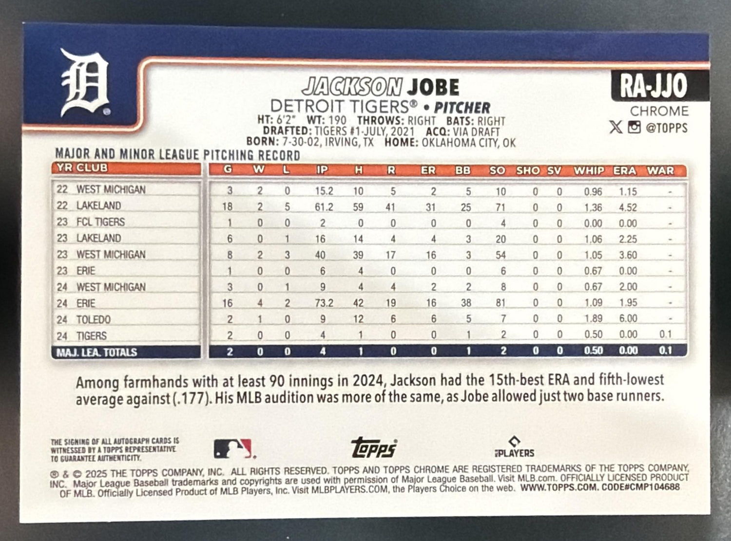 2025 Topps Chrome Jackson Jobe Rookie Auto Blue RayWave Refractor /150 RC — back