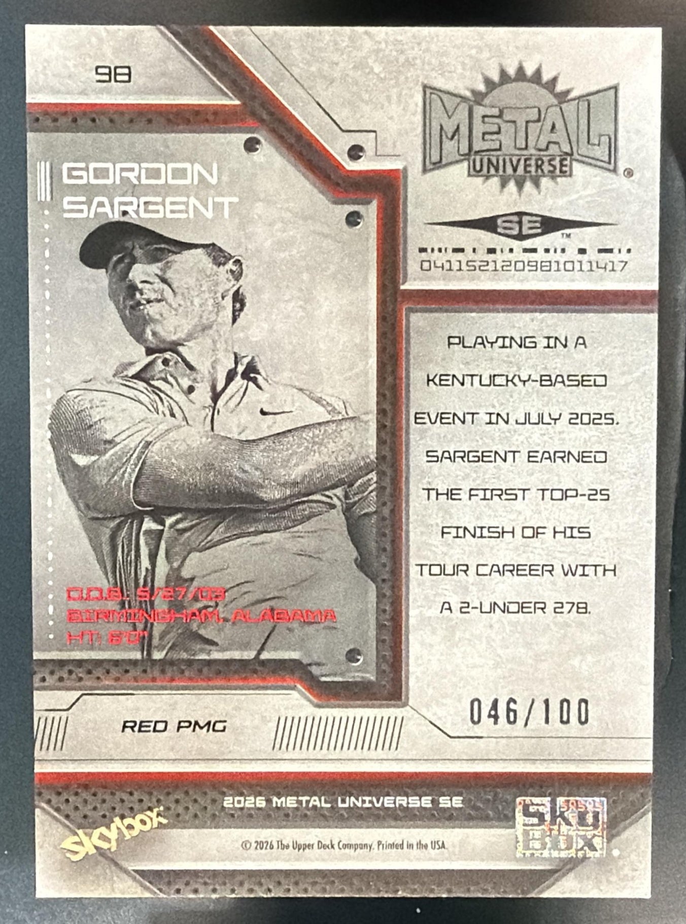 2026 Skybox Metal Universe SE Gordon Sargent #98 Precious Gems Red 46/100 — back