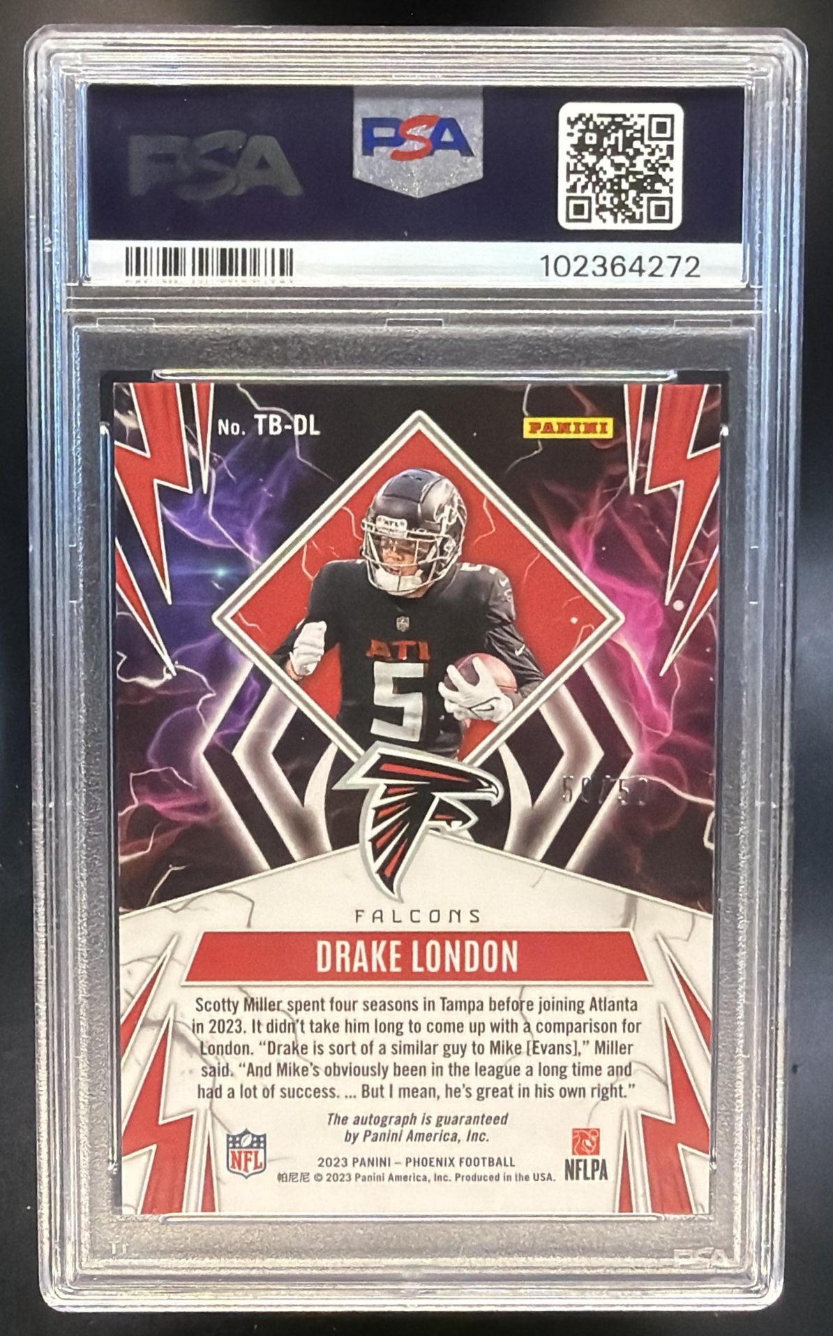 2023 Panini Phoenix Drake London #TB-DL Thunderbirds Auto Orange 50/50 PSA 8 — back