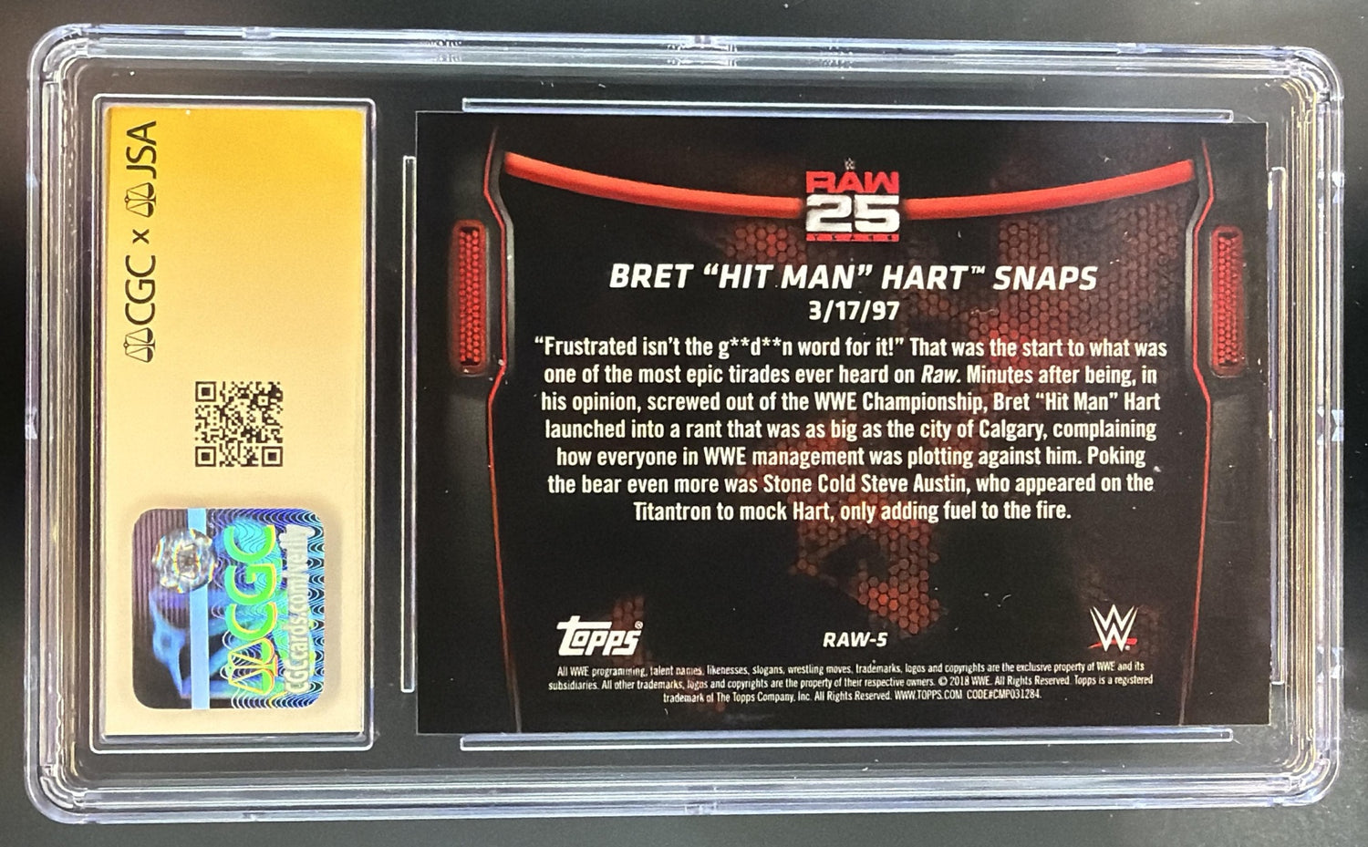 2018 Topps WWE Then Now Forever Bret "Hit Man" Hart Auto 25 Years of Raw CGC 10 — back