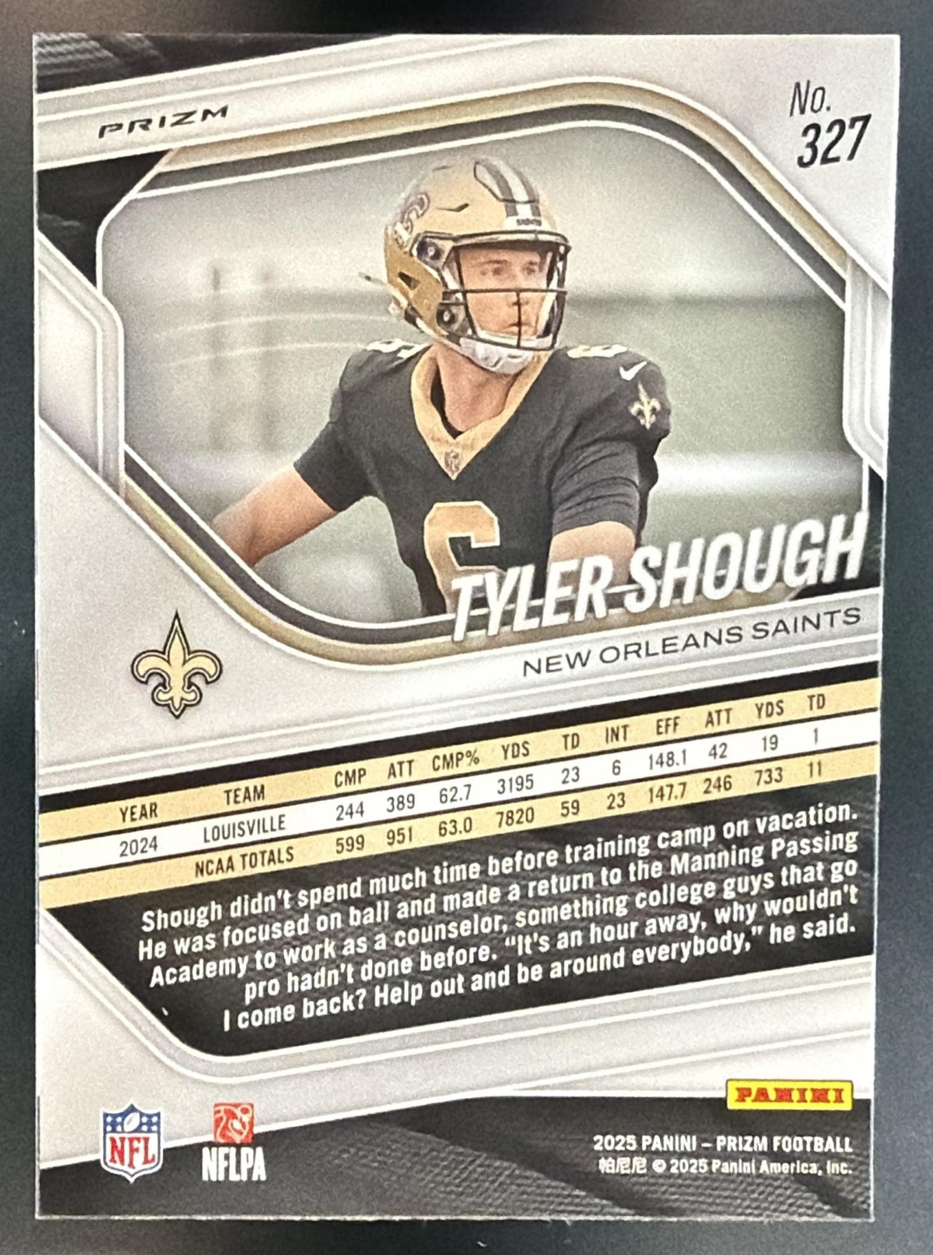 2025 Panini Prizm Tyler Shough #327 Lazer RC Saints — back