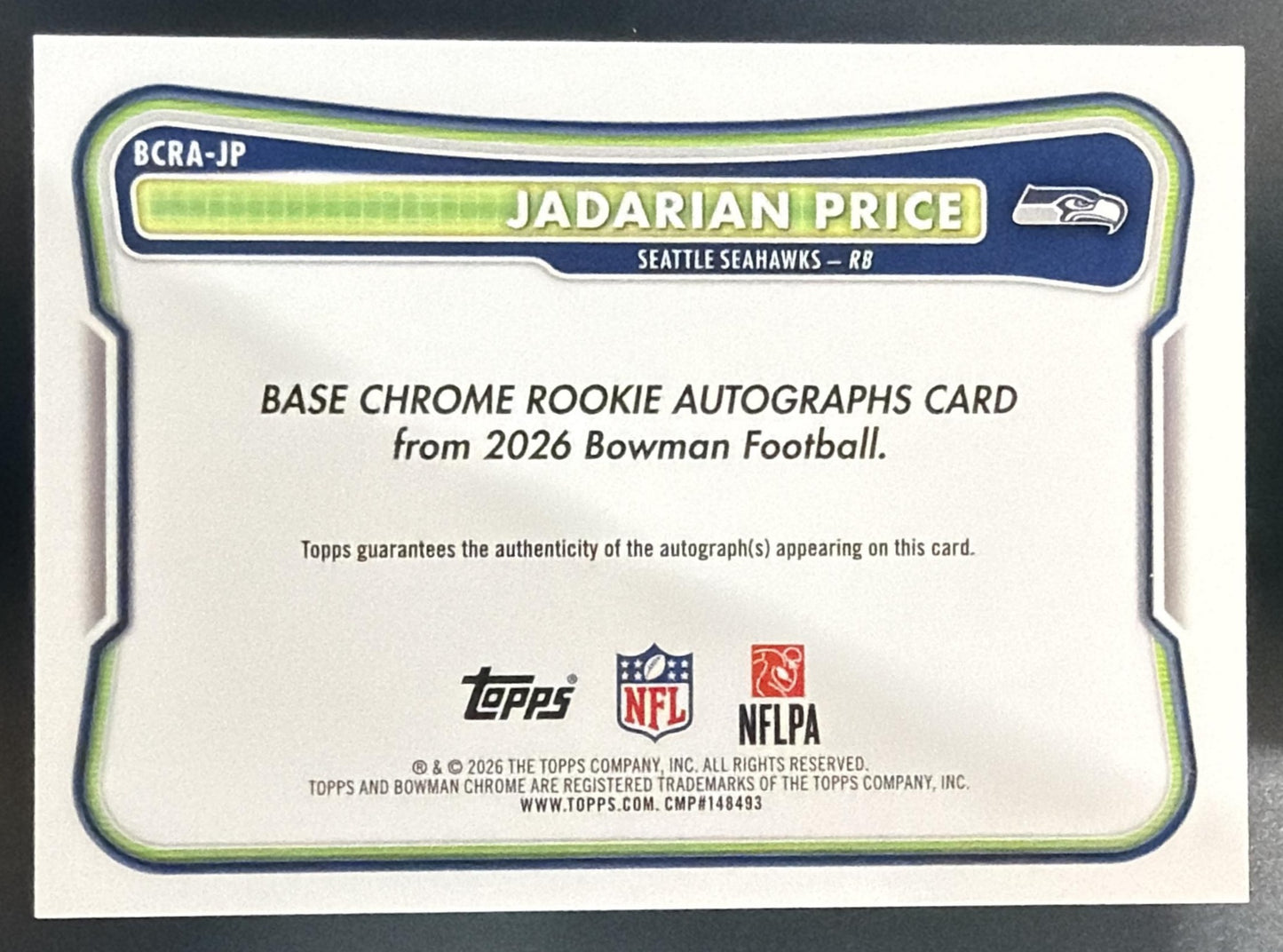 2026 Bowman Jadarian Price #BCRA-JP Chrome Rookie Auto RC Seahawks — back