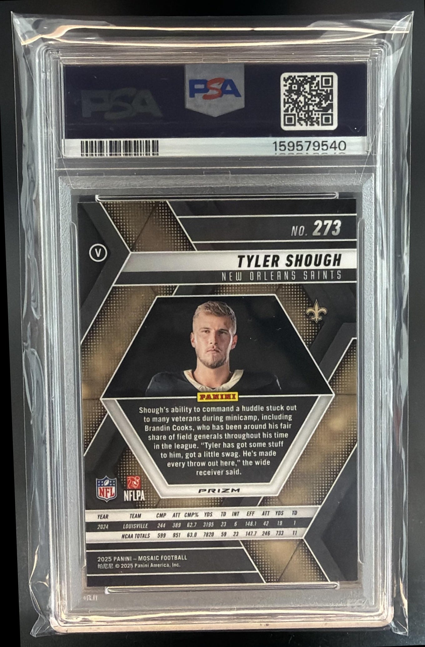2025 Panini Mosaic Tyler Shough #312 Rookies Red Scope Prizm RC Saints PSA 8 — back