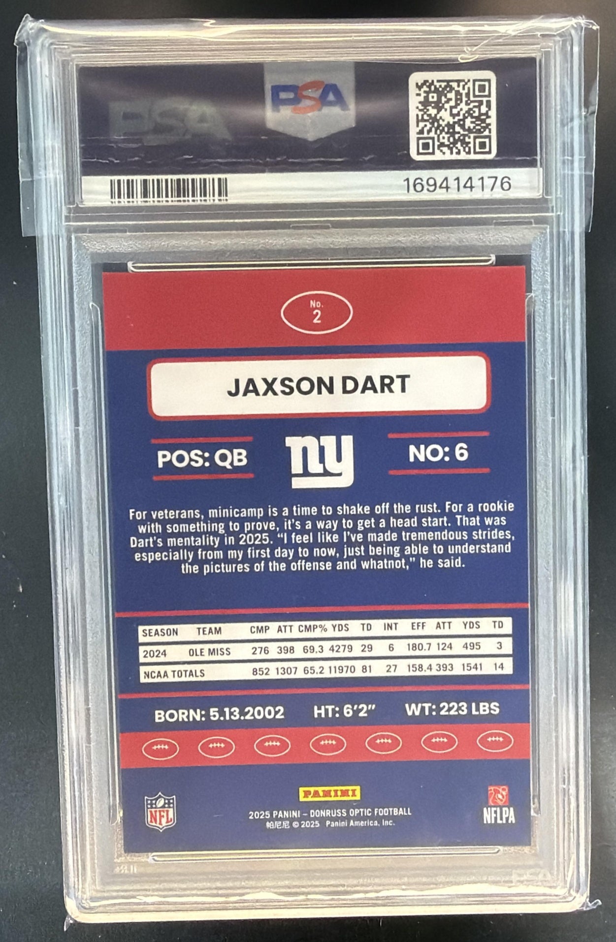 2025 Panini Donruss Optic Jaxson Dart #2 2015 Retro RC Giants PSA 10 — back