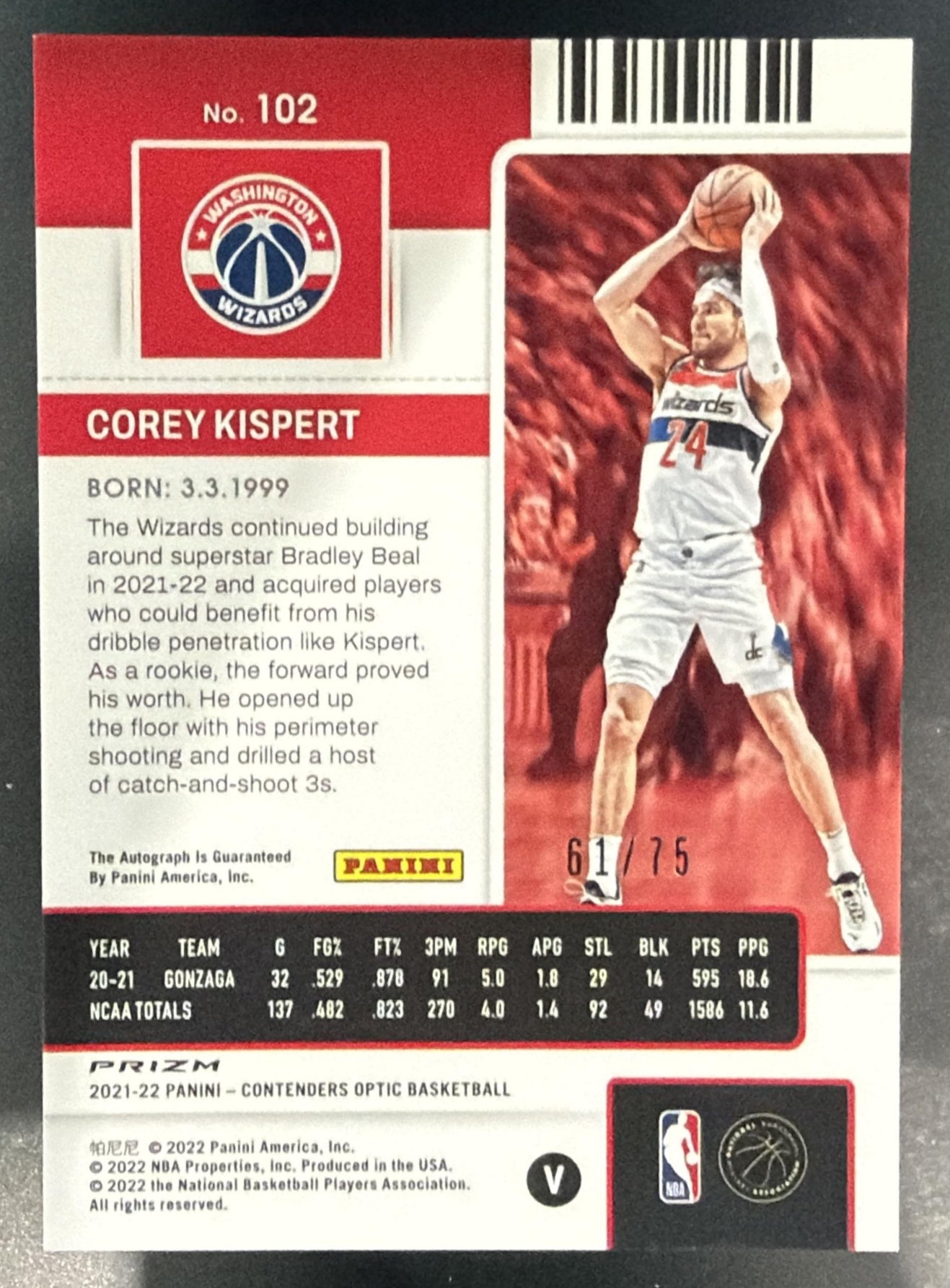 2021-22 Panini Contenders Optic Corey Kispert #102b Red 61/75 RC VAR Wizards — back