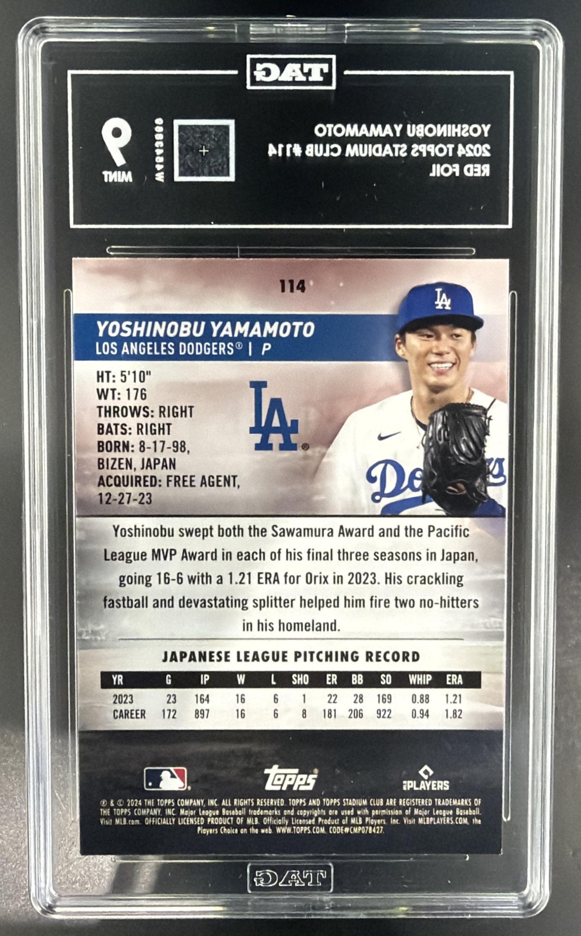 2024 Topps Stadium Club Yoshinobu Yamamoto #114 Red Foil RC Dodgers TAG 9 — back