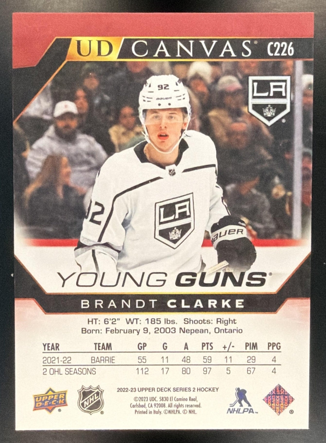 2022-23 Upper Deck Brandt Clarke #C226 UD Canvas Young Guns RC Kings — back
