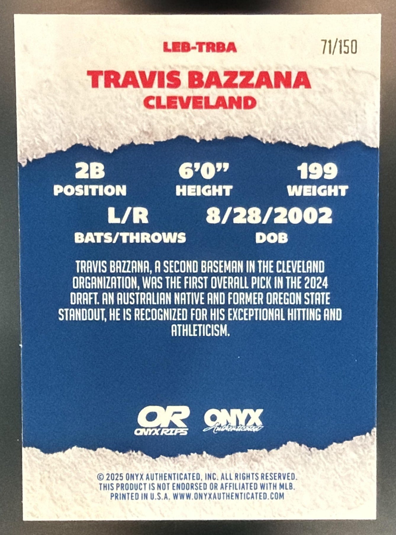 2025 Onyx Travis Bazzana On Card Auto /150 — back