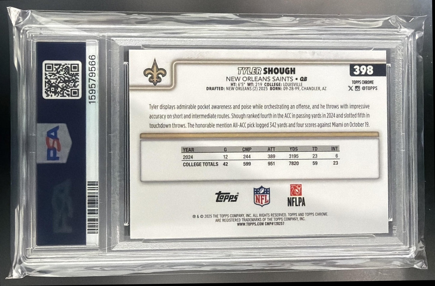 2025 Topps Chrome Tyler Shough #398 Rookie RayWave Refractor RC Saints PSA 9 — back