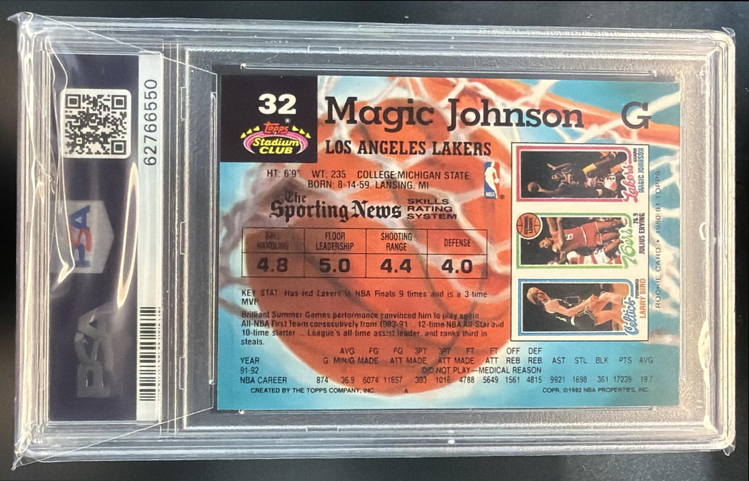 1992-93 Topps Stadium Club Magic Johnson #32 Members Only Lakers PSA 8 — back