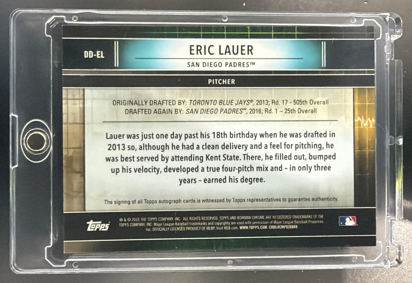 2016 Bowman Draft Eric Lauer #DD-EL Dividends Auto Gold 2/50 Padres — back