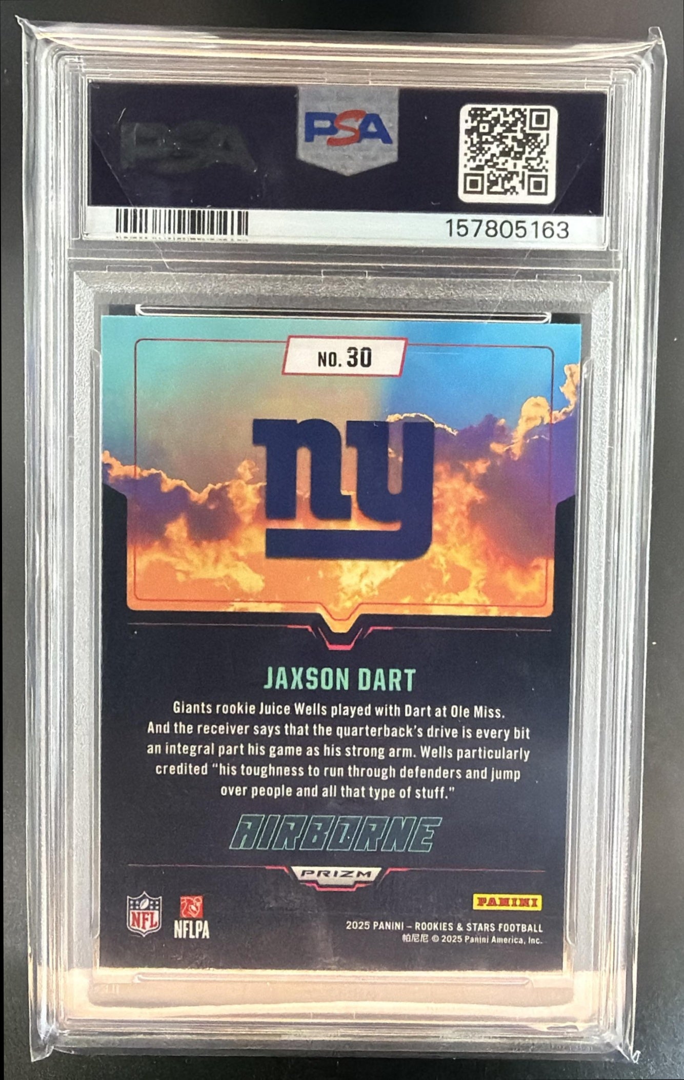 2025 Panini Rookies & Stars Jaxson Dart #30 Airborne Silver RC Giants PSA 4 — back