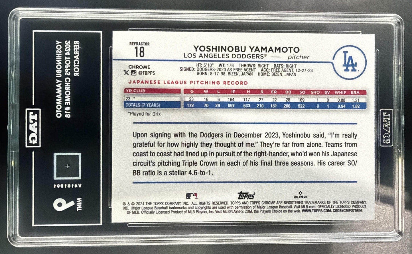 2024 Topps Chrome Yoshinobu Yamamoto #18 Refractor RC Dodgers TAG 9 — back
