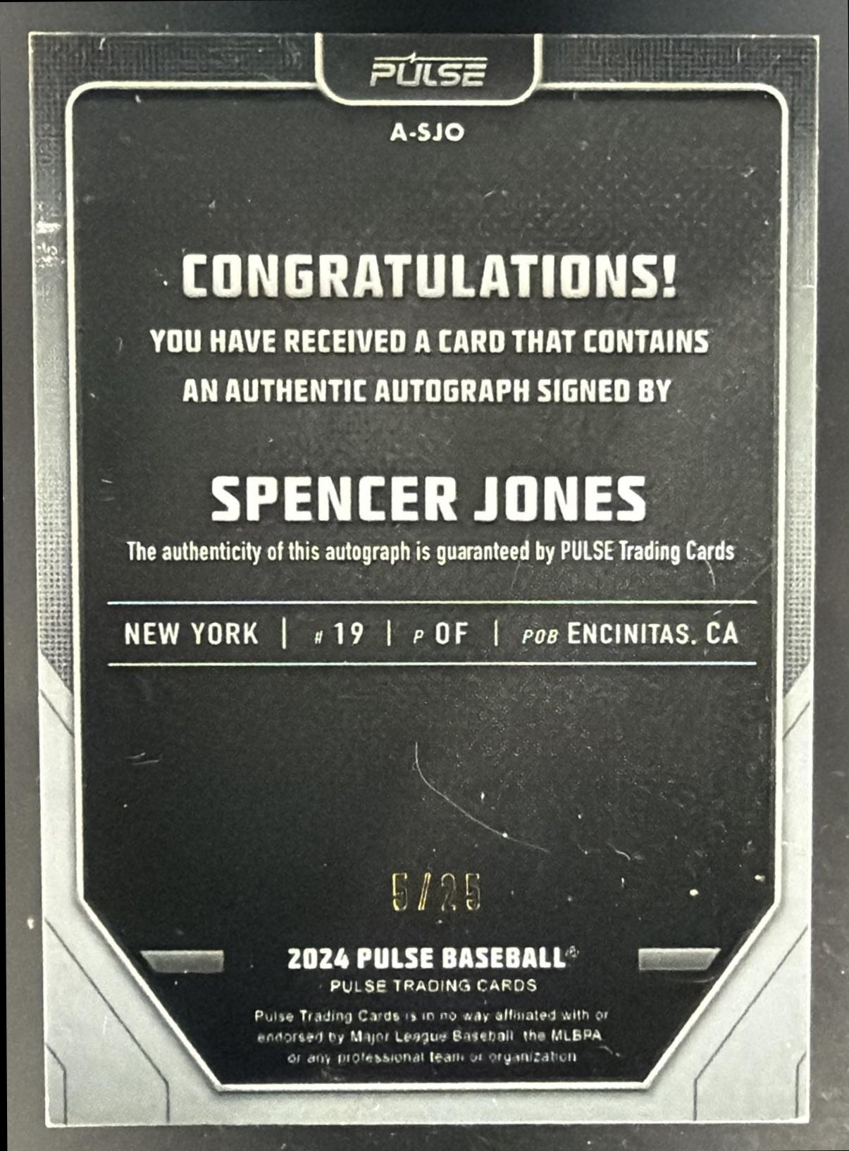 2024 Pulse Futures Edition Spencer Jones #A-SJO Auto Yankees — back