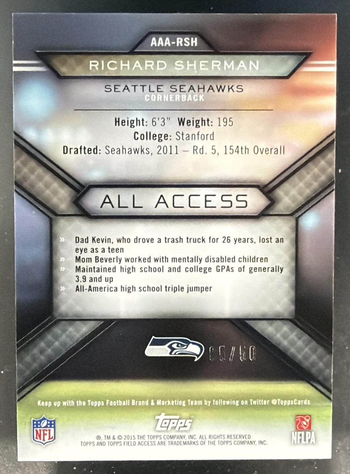 2015 Topps Field Access Richard Sherman #AAA-RSH All Green /50 Seahawks — back