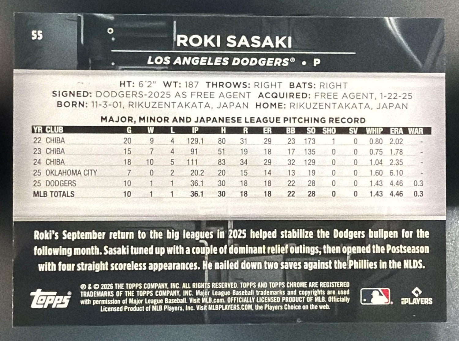 2026 Topps Chrome Black Roki Sasaki #55 Blue Refractor 109/150 Dodgers — back