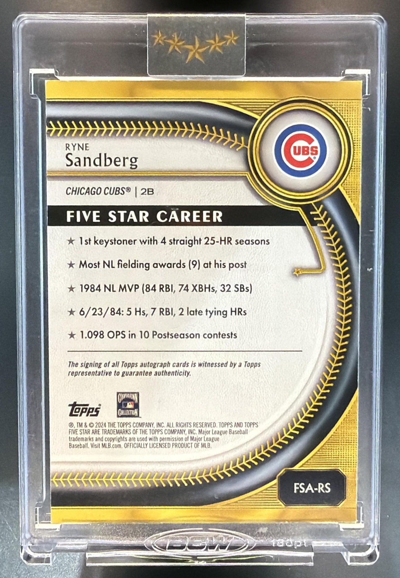 2025 Topps Five Star Ryne Sandberg #FSA-RS Auto Aqua 32/75 Cubs — back