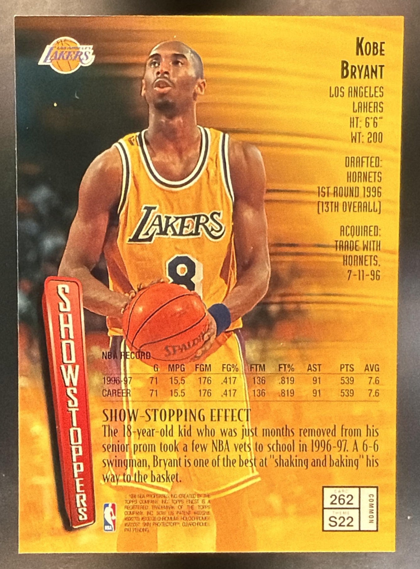 1997-98 Topps Finest Kobe Bryant #262 Bronze Lakers — back