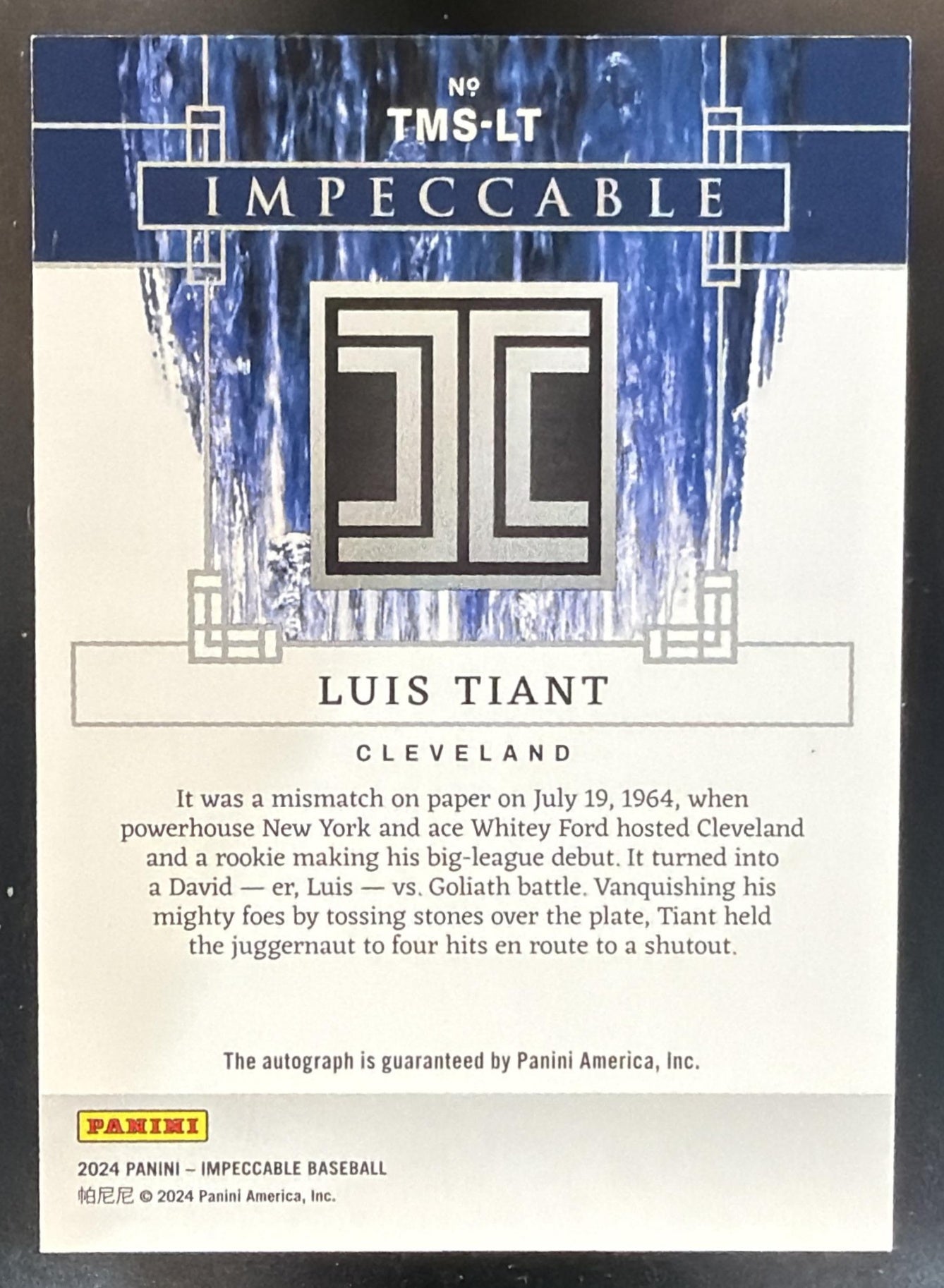 2024 Impeccable Luis Tiant Timeless Moments Signatures Holo Silver /25 Auto — back