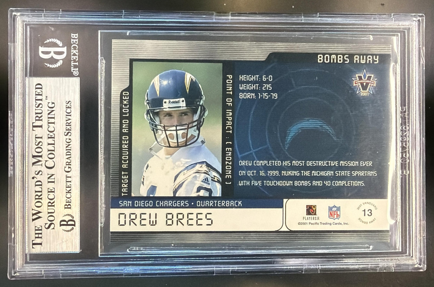 2001 Pacific Vanguard Drew Brees #13 Bombs Away 609/999 RC Chargers BGS 8.5 — back