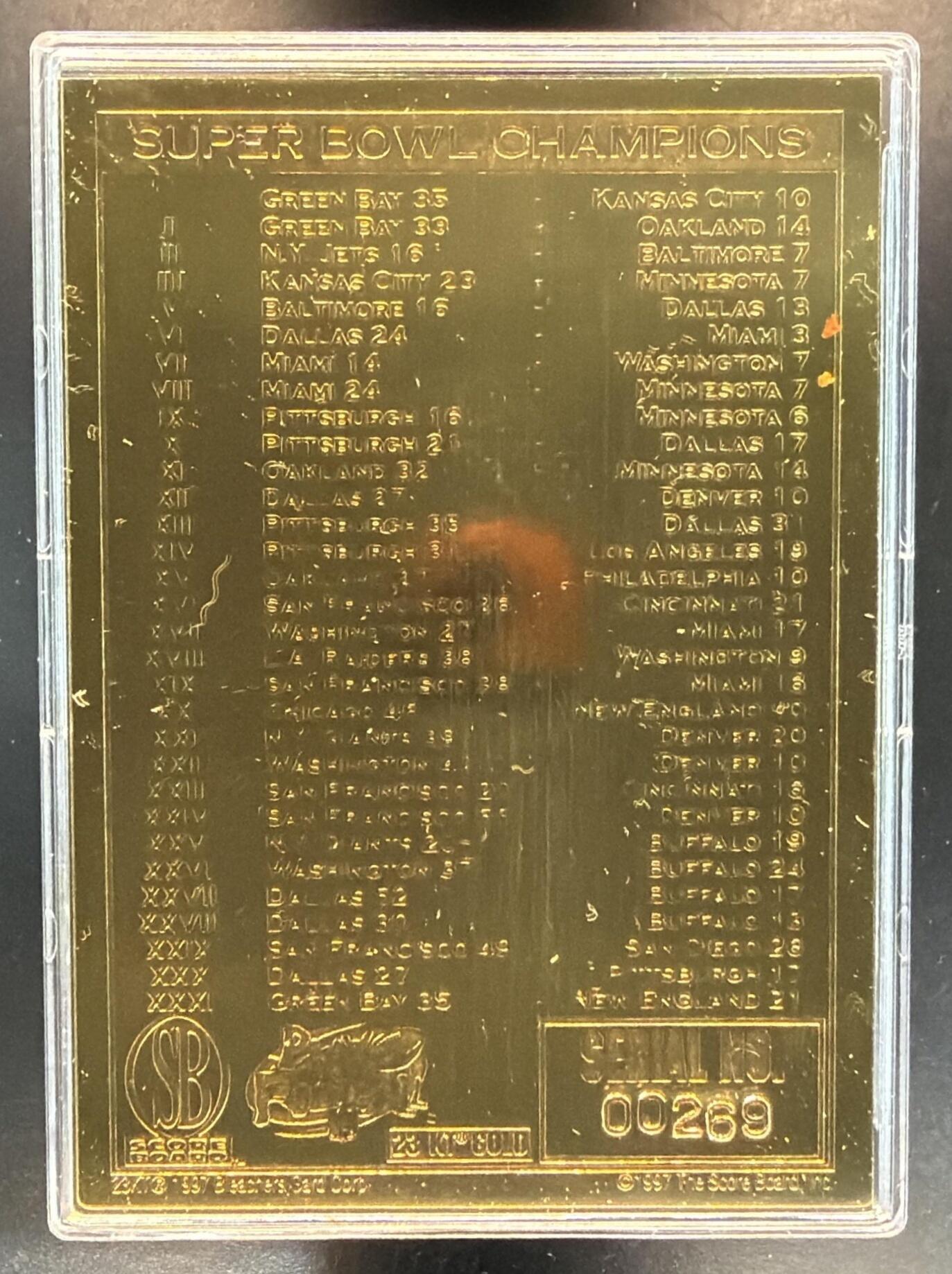 1997 Score Board 24kt Gold Super Bowl Champions — back