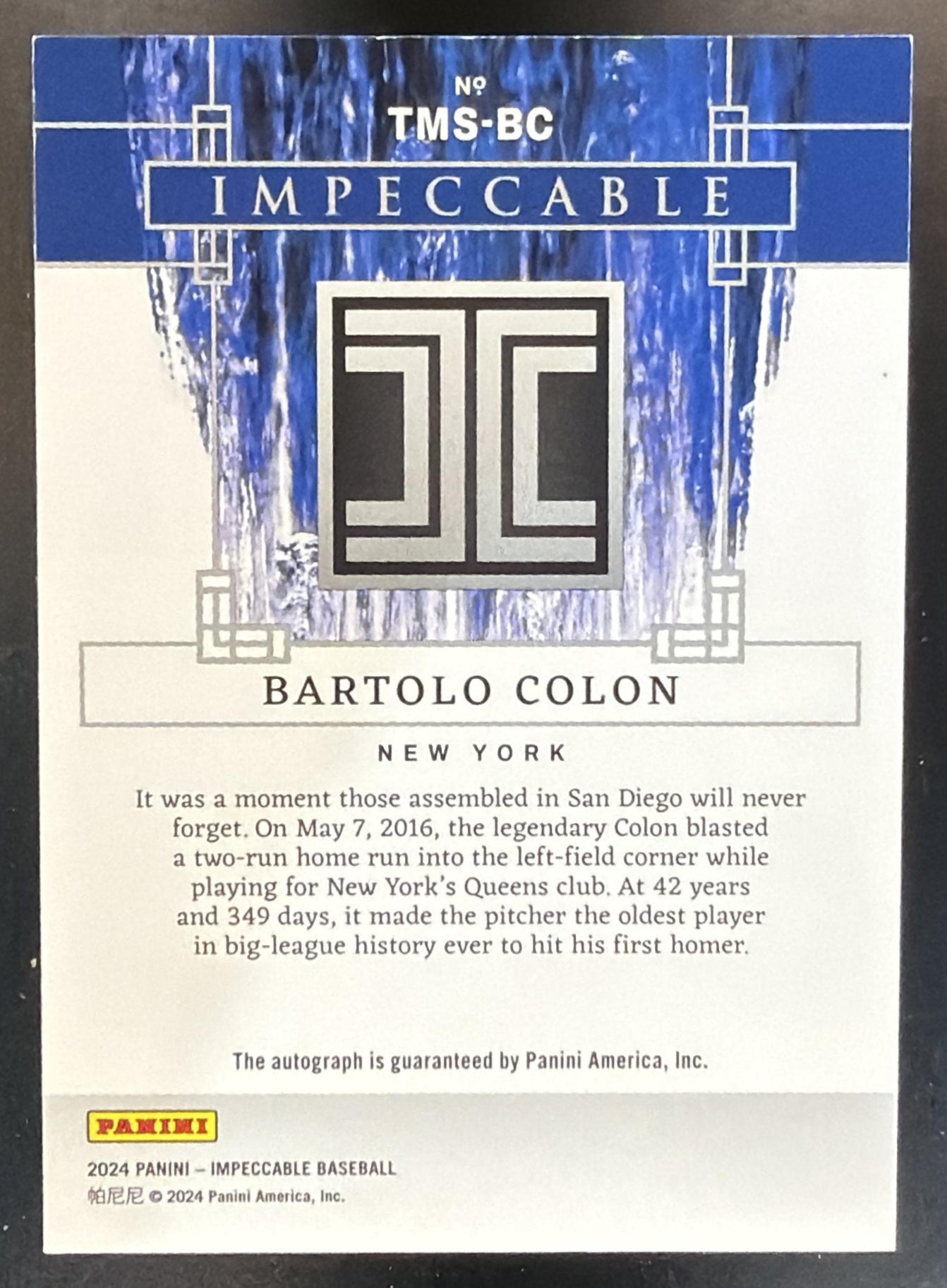 2024 Impeccable Bartolo Colon Timeless Moments Signatures Holo Silver /25 Auto — back