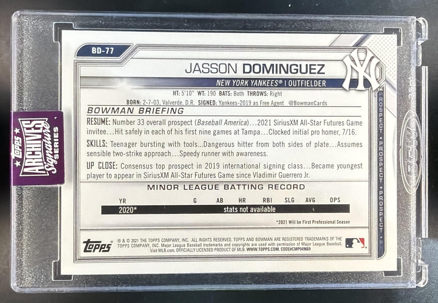 2025 Topps Archives Signatures Jasson Dominguez Encased Buyback Auto /10 — back
