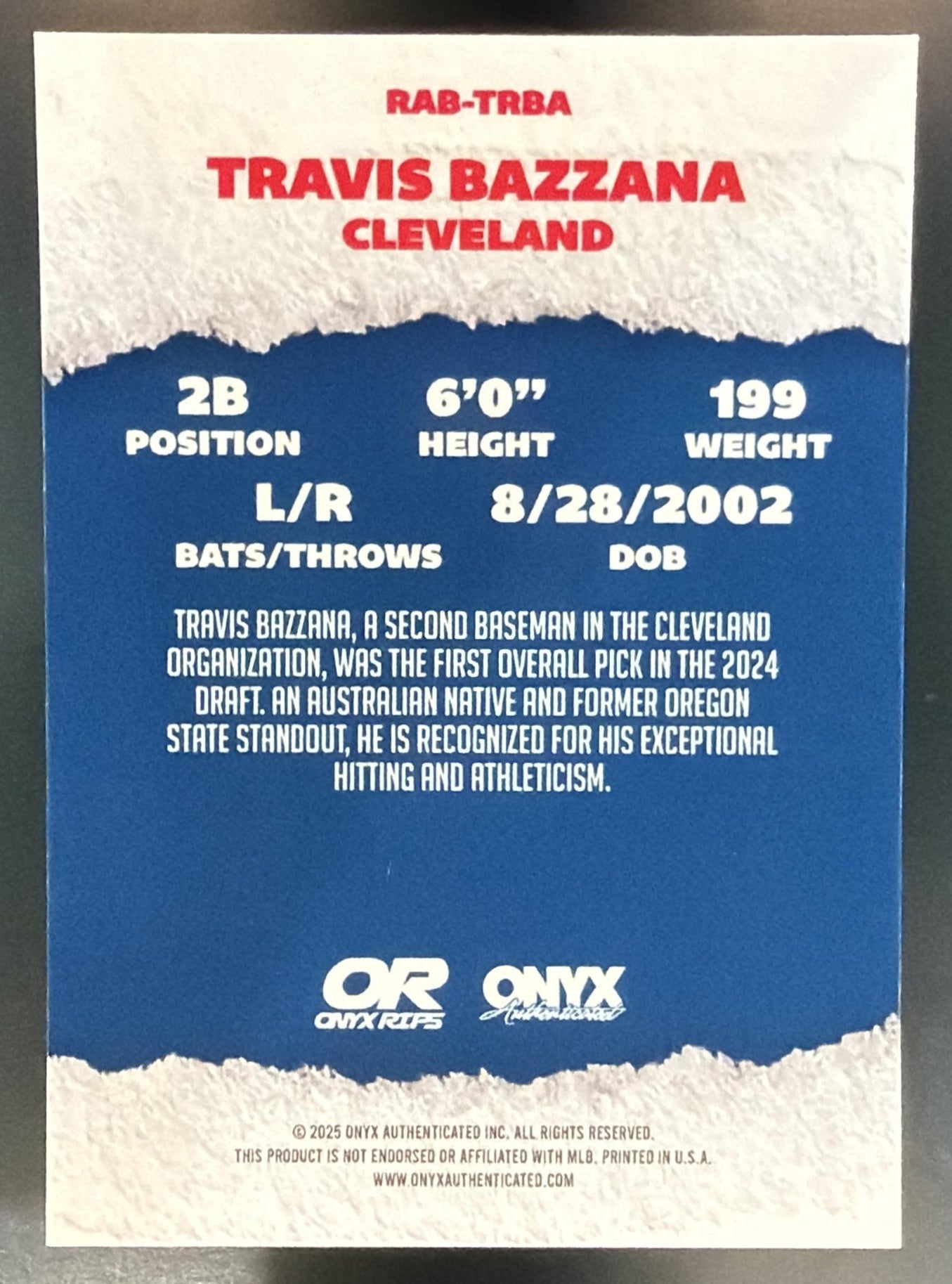 2025 Onyx Travis Bazzana On Card Auto — back