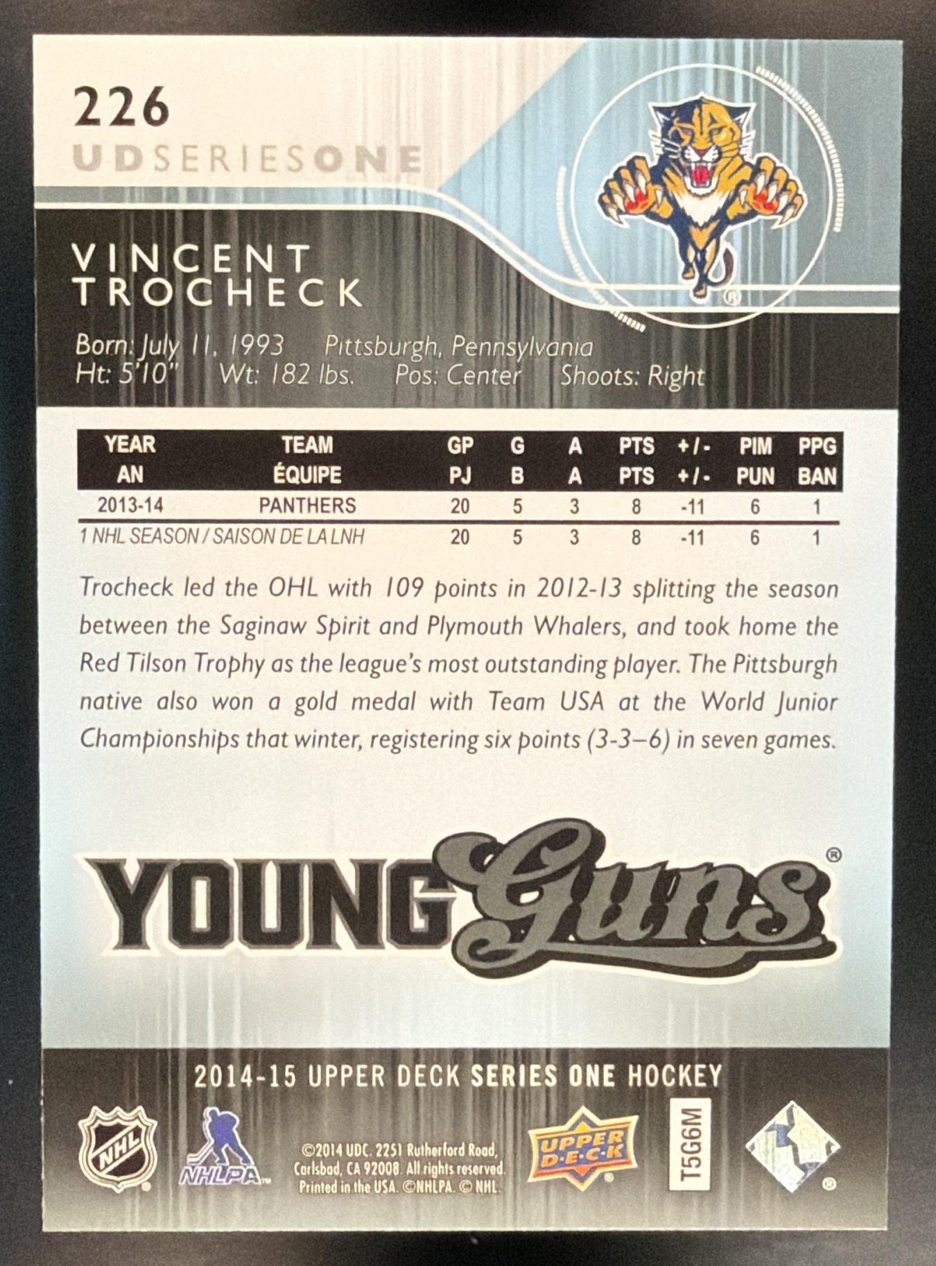 2014-15 Upper Deck Vincent Trocheck #226 Young Guns RC Panthers — back