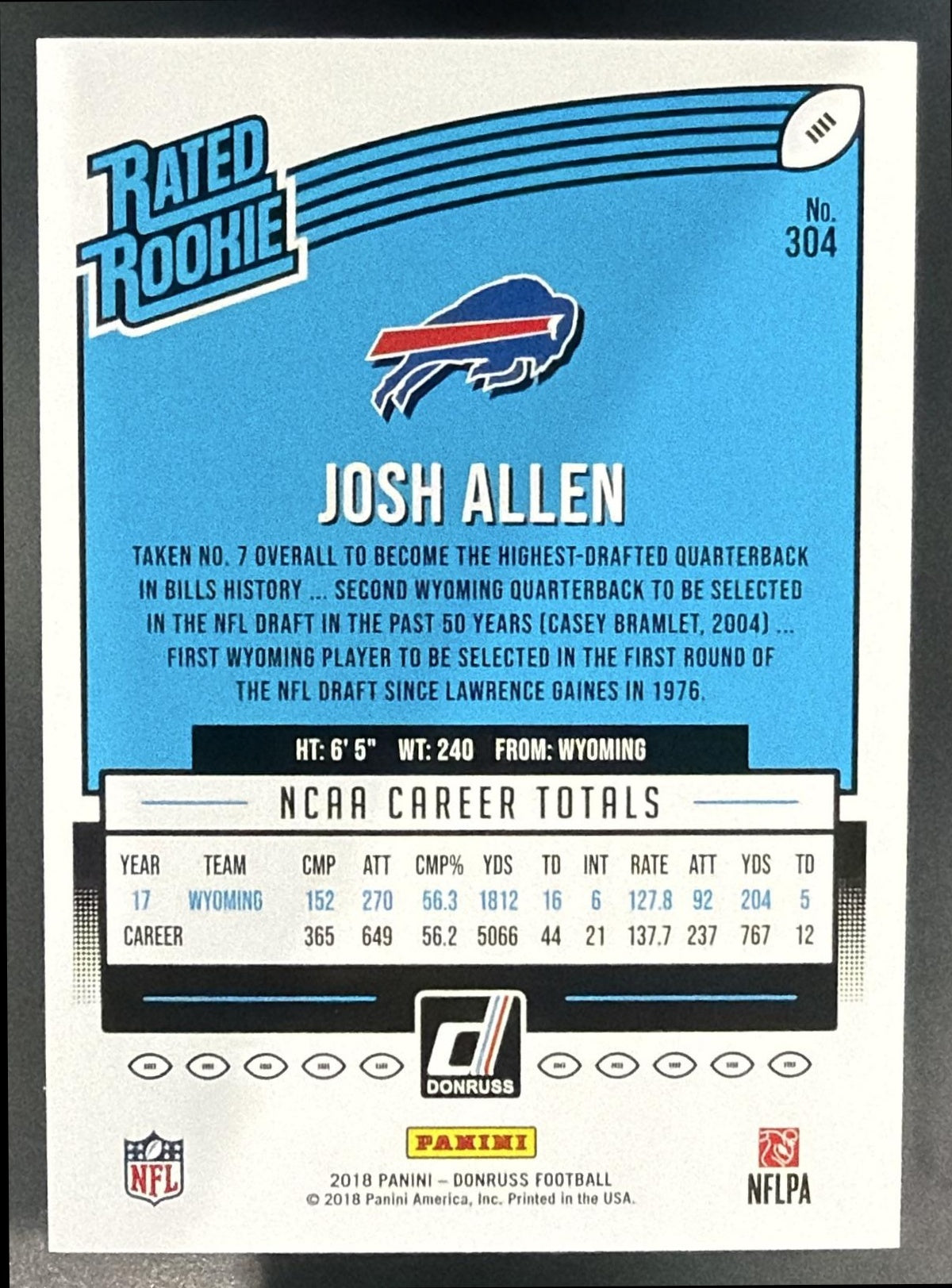2018 Panini Donruss Josh Allen #304 RC Bills — back