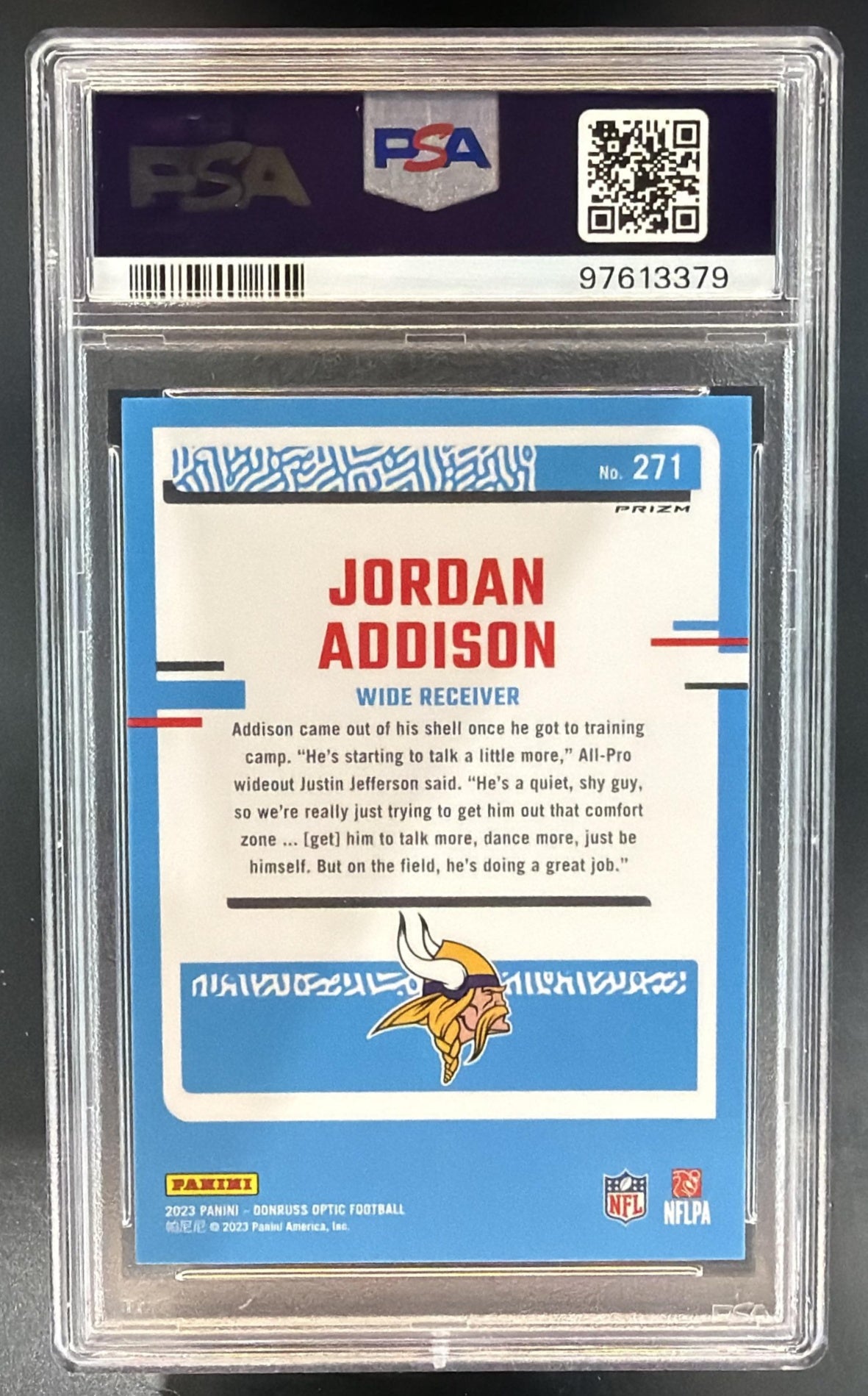 2023 Donruss Optic Jordan Addison Green Velocity Prizm RC Rated Rookie PSA 10 — back