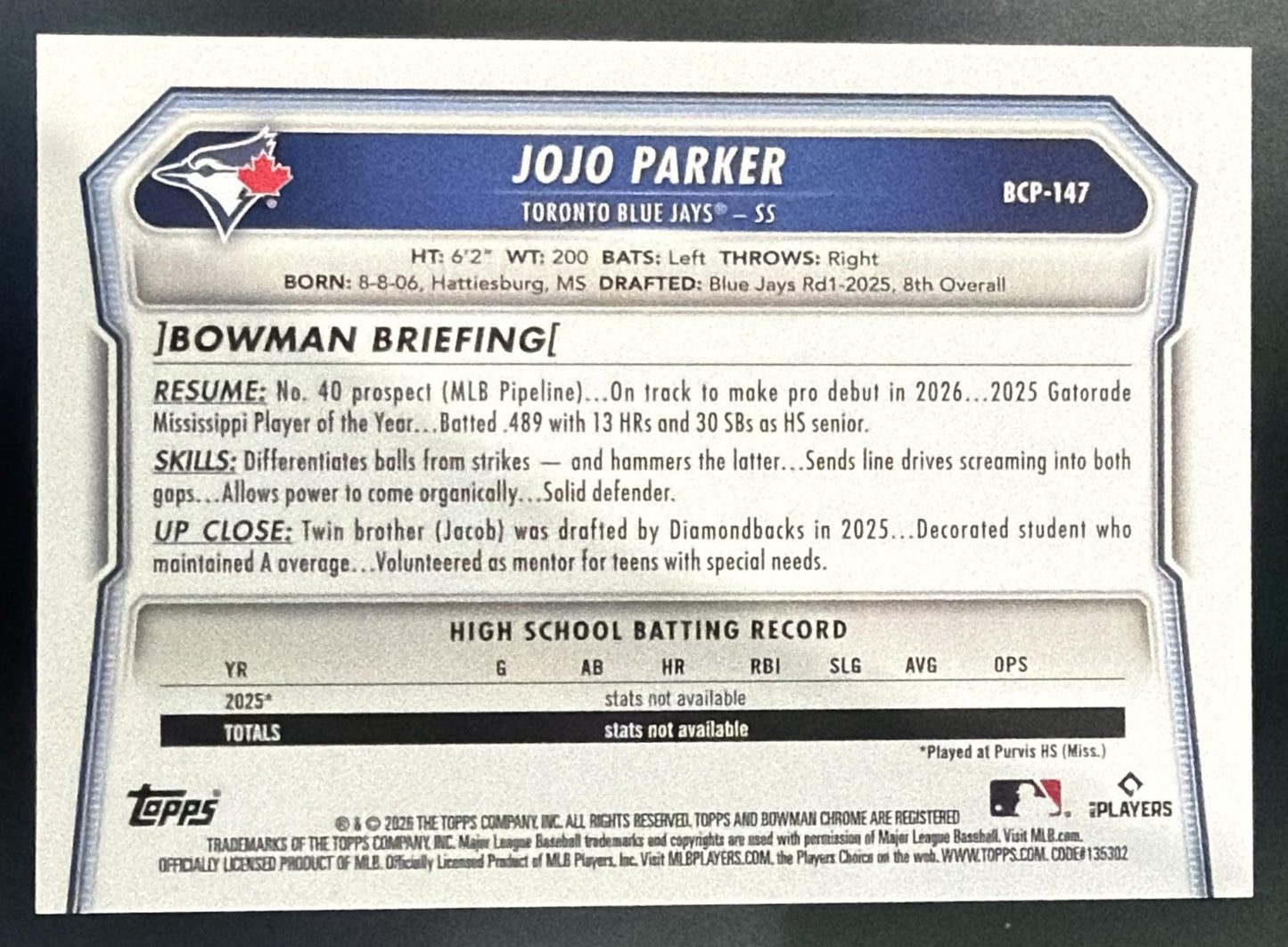 2025 Bowman Draft JoJo Parker #BDC-8 Chrome Black X-Fractor /10 1st Prospect — back