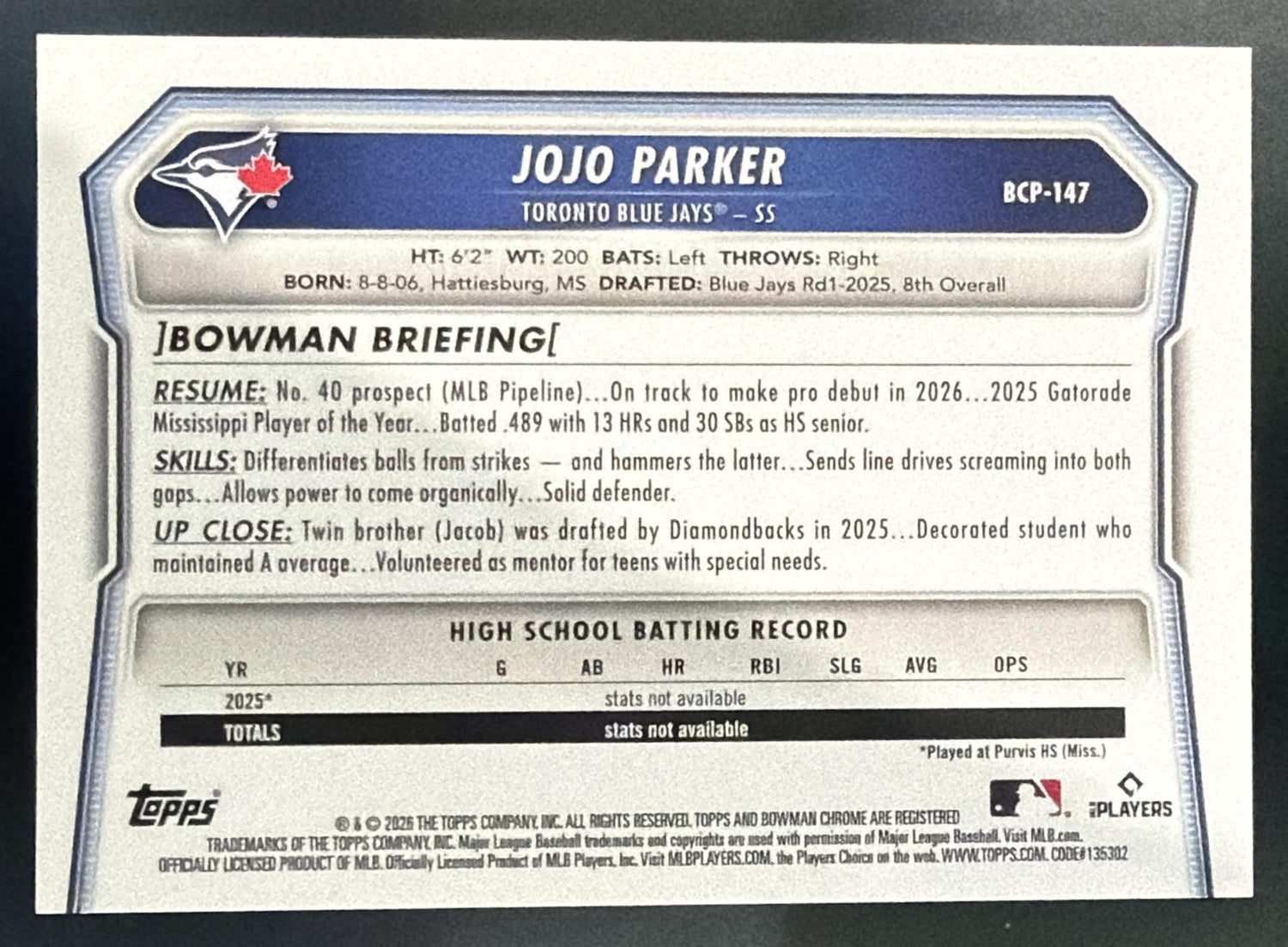 2025 Bowman Draft JoJo Parker #BDC-8 Chrome Black X-Fractor /10 1st Prospect — back