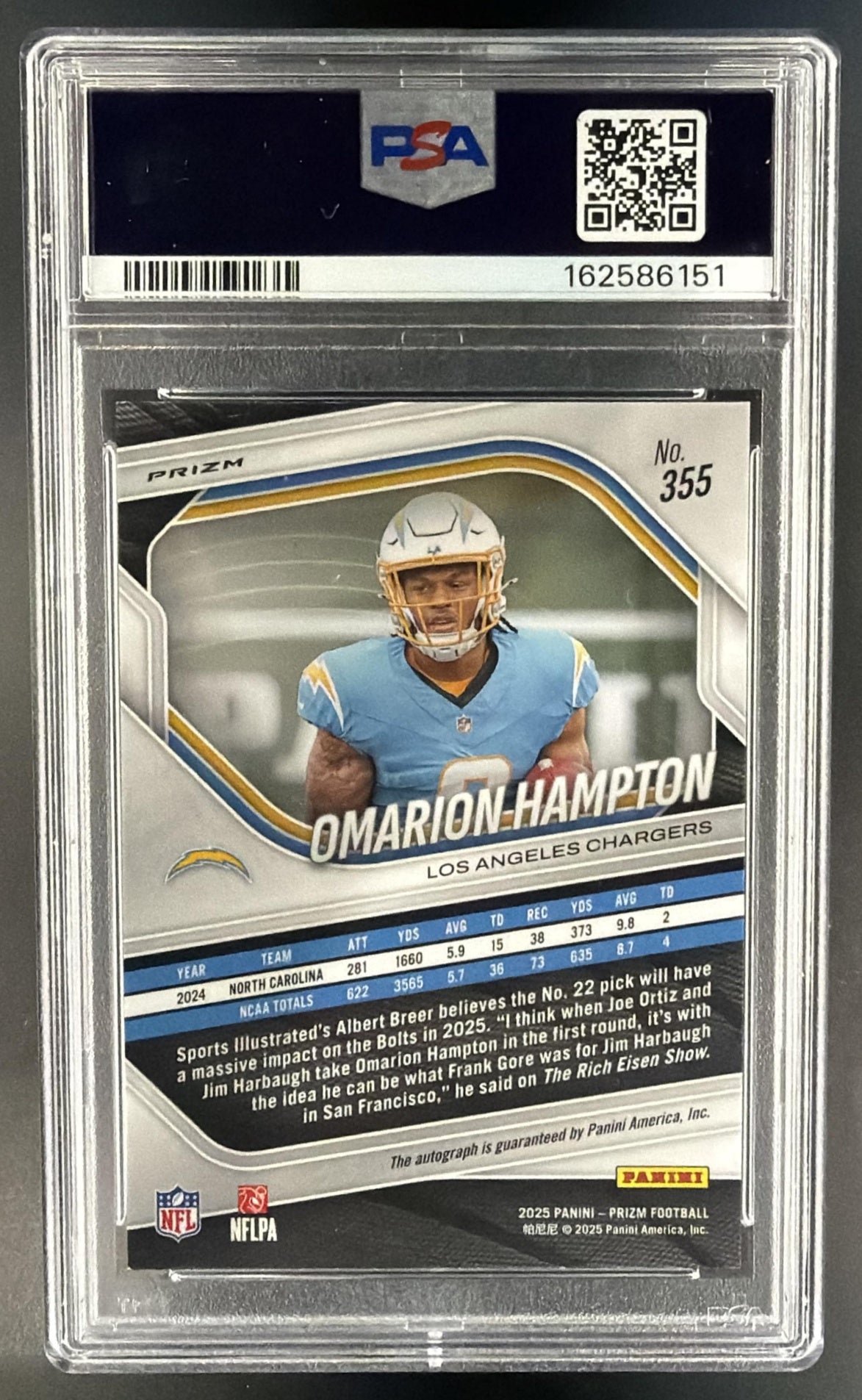 2025 Panini Prizm Omarion Hampton #355 Rookie Auto Silver RC Chargers PSA 10 — back