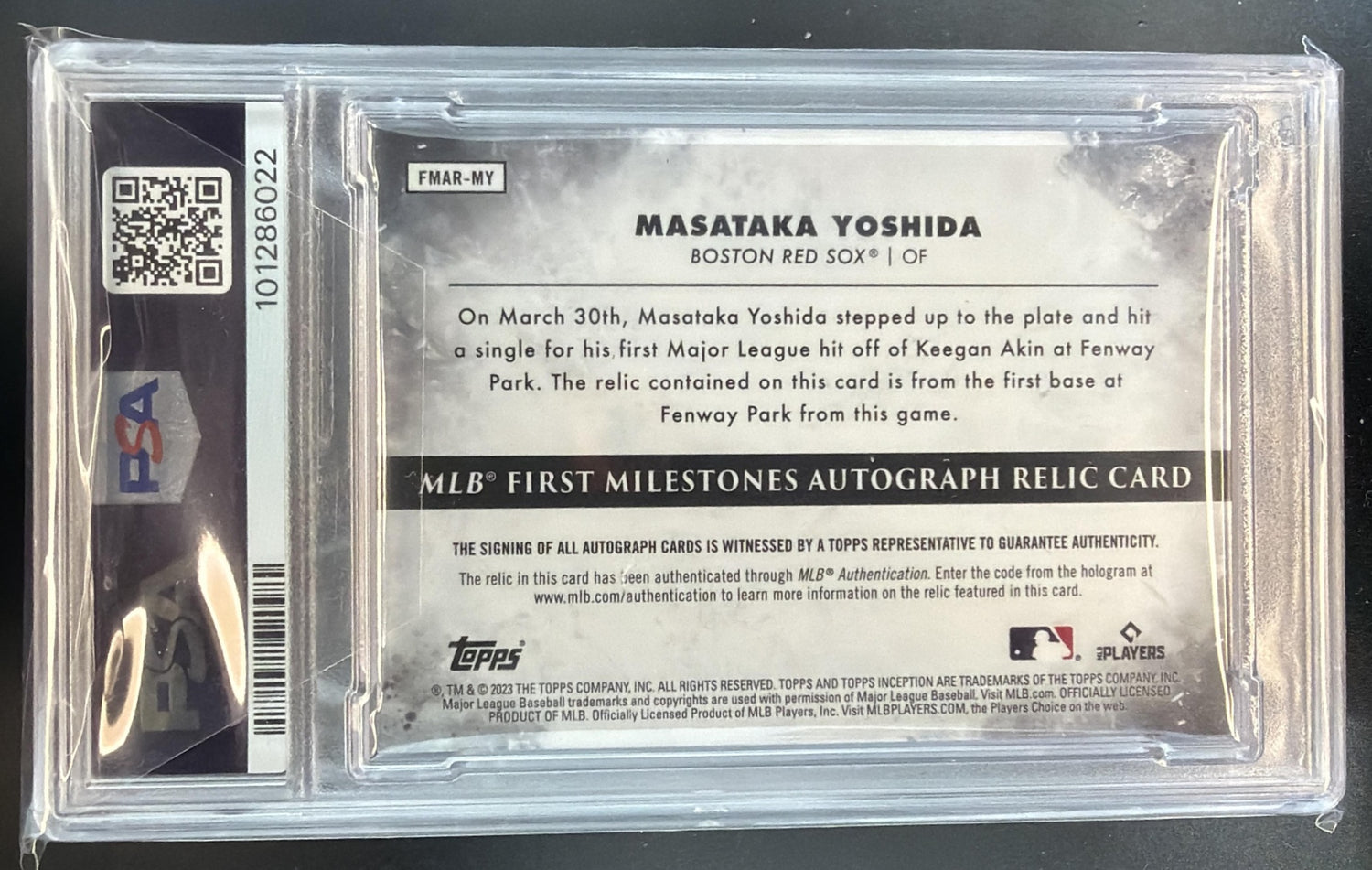 2023 Topps Inception Masataka Yoshida First Milestones Auto Relics /5 RC PSA 8 — back