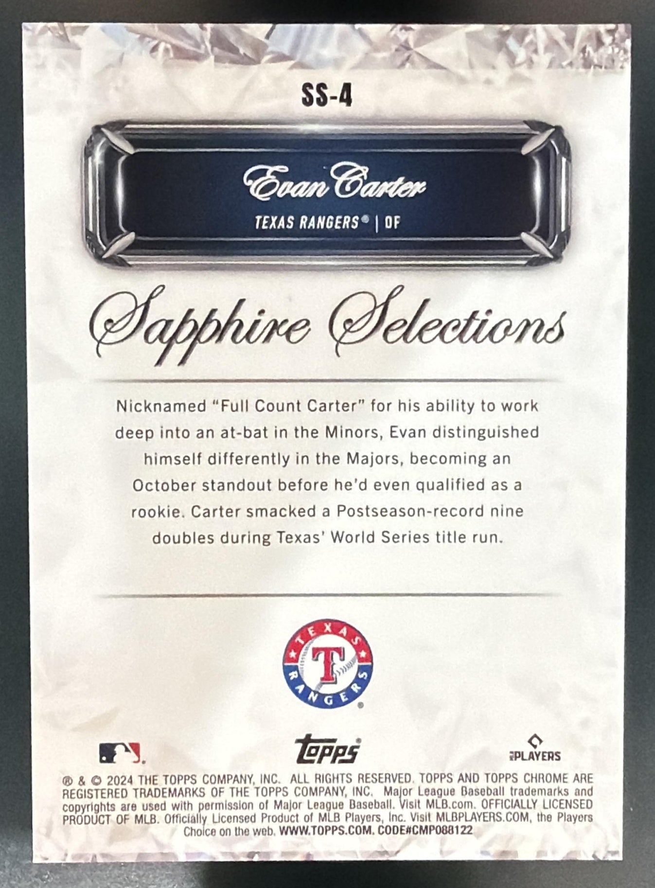 2024 Topps Chrome Sapphire Evan Carter #SS-4 Selections Gold Refractor /50 RC — back