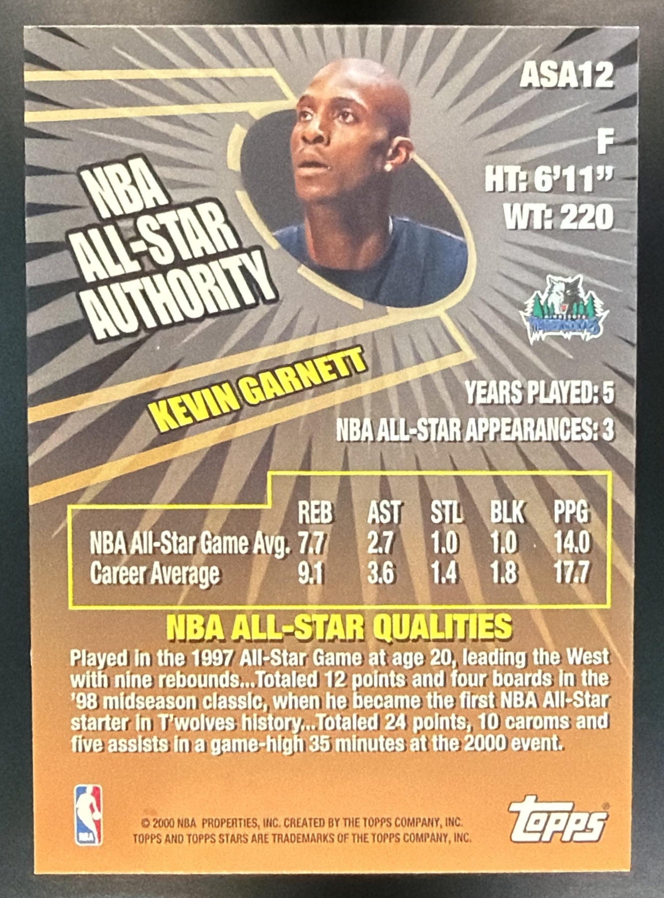 2000-01 Topps Stars Kevin Garnett #ASA12 All Star Authority Timberwolves — back