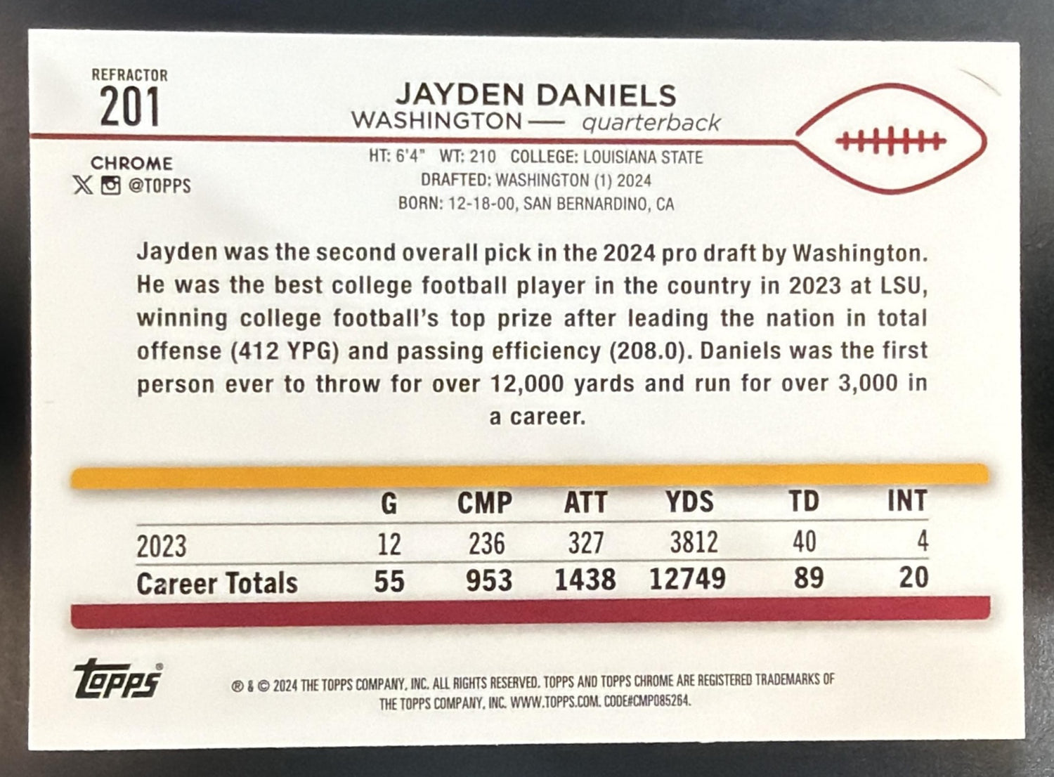 2024 Topps Chrome Jayden Daniels #201 Refractor RC Commanders — back
