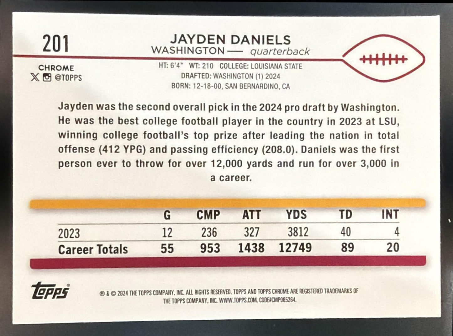 2024 Topps Chrome Jayden Daniels #201 Purple Refractor 198/275 RC Commanders — back