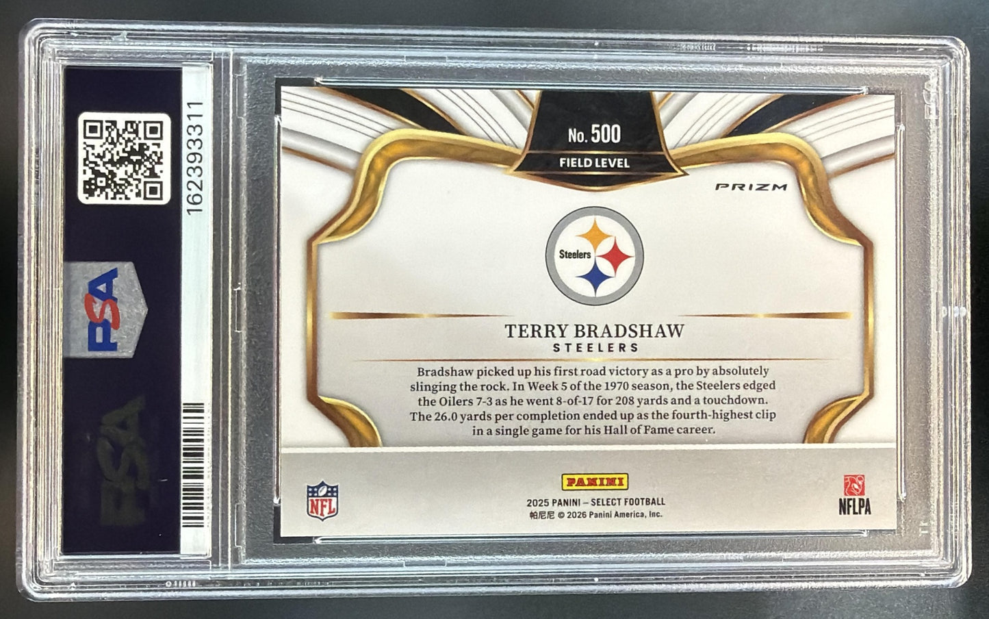 2025 Panini Select Terry Bradshaw #500 Field Level Zebra Prizm Steelers PSA 10 — back