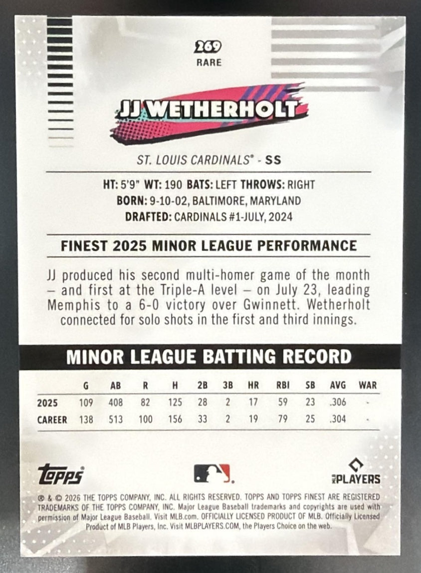 2026 Topps Finest JJ Wetherholt #269 Rare Yellow Refractor 96/275 RC Cardinals — back