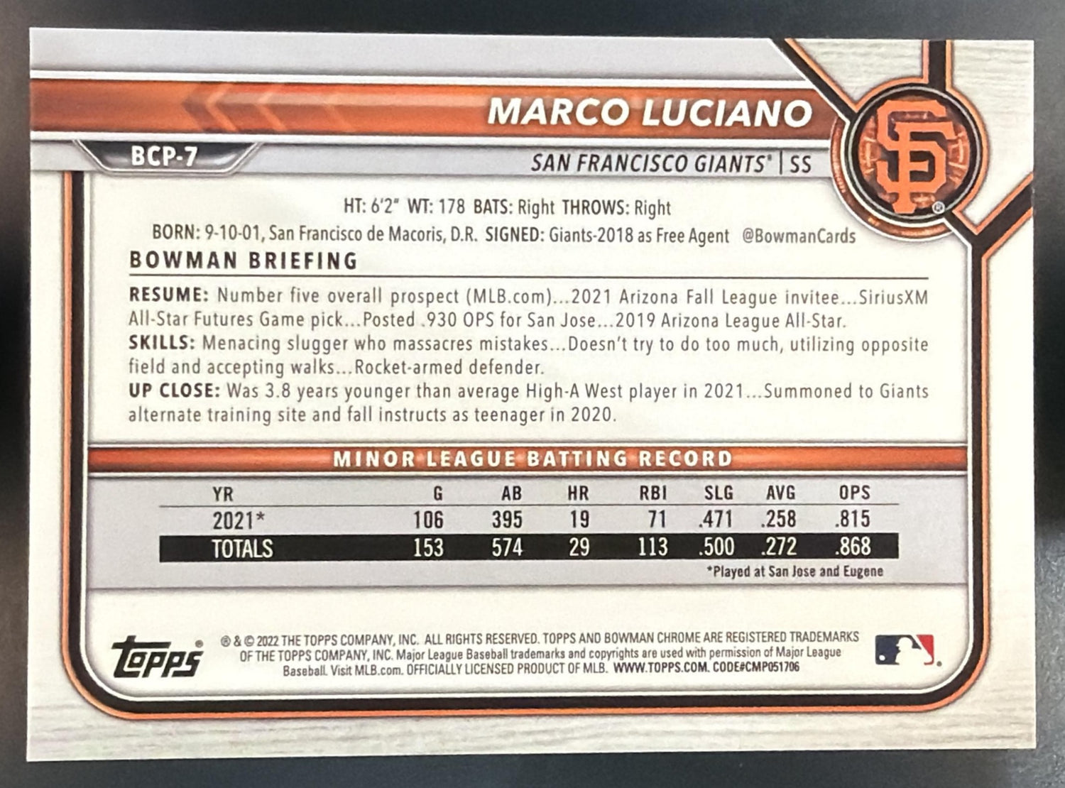 2022 Bowman Marco Luciano #BCP-7 Chrome Prospects Gold 3/50 Giants — back