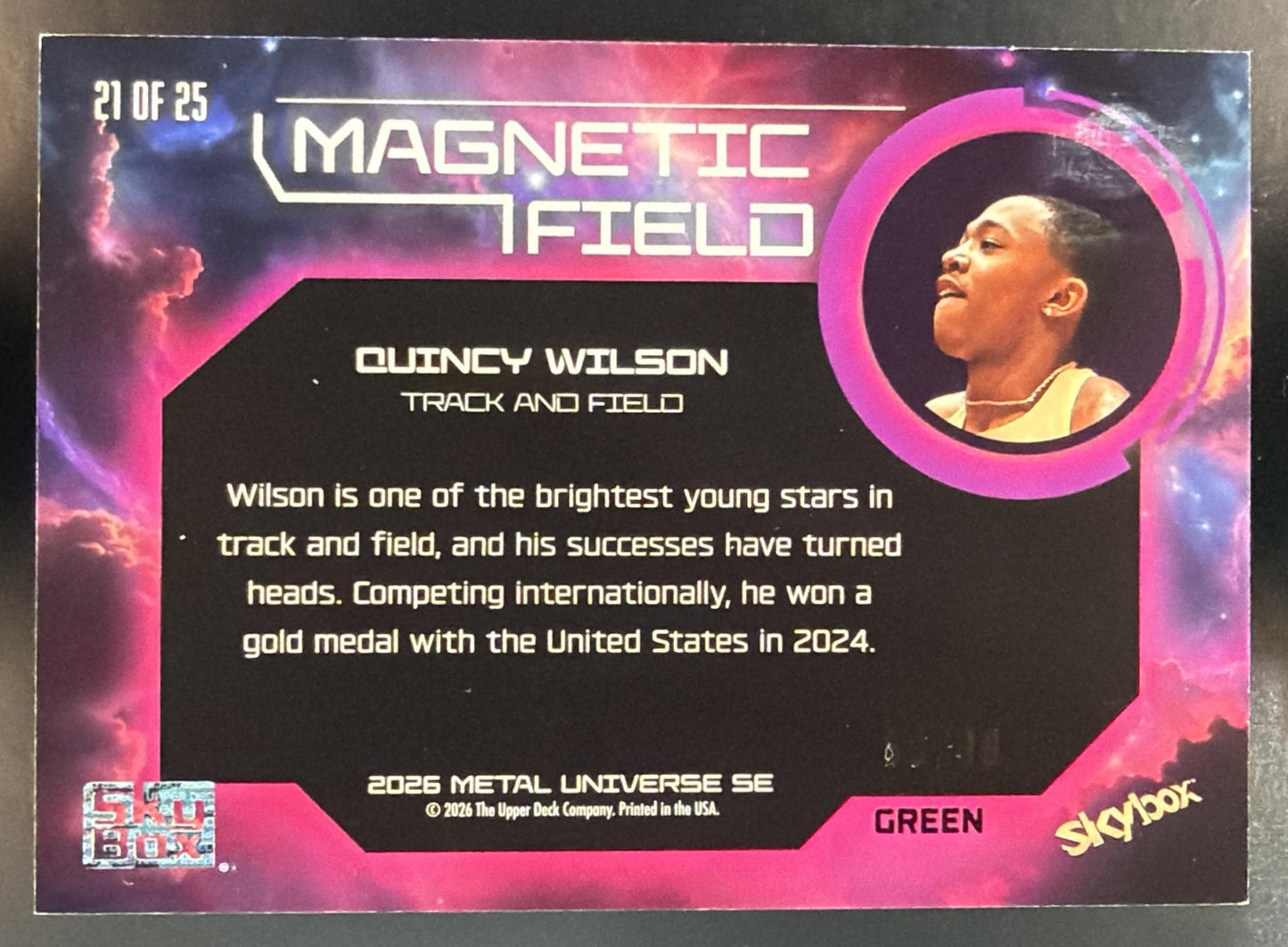 2026 Skybox Metal Universe SE Quincy Wilson Magnetic Field Green /99 — back