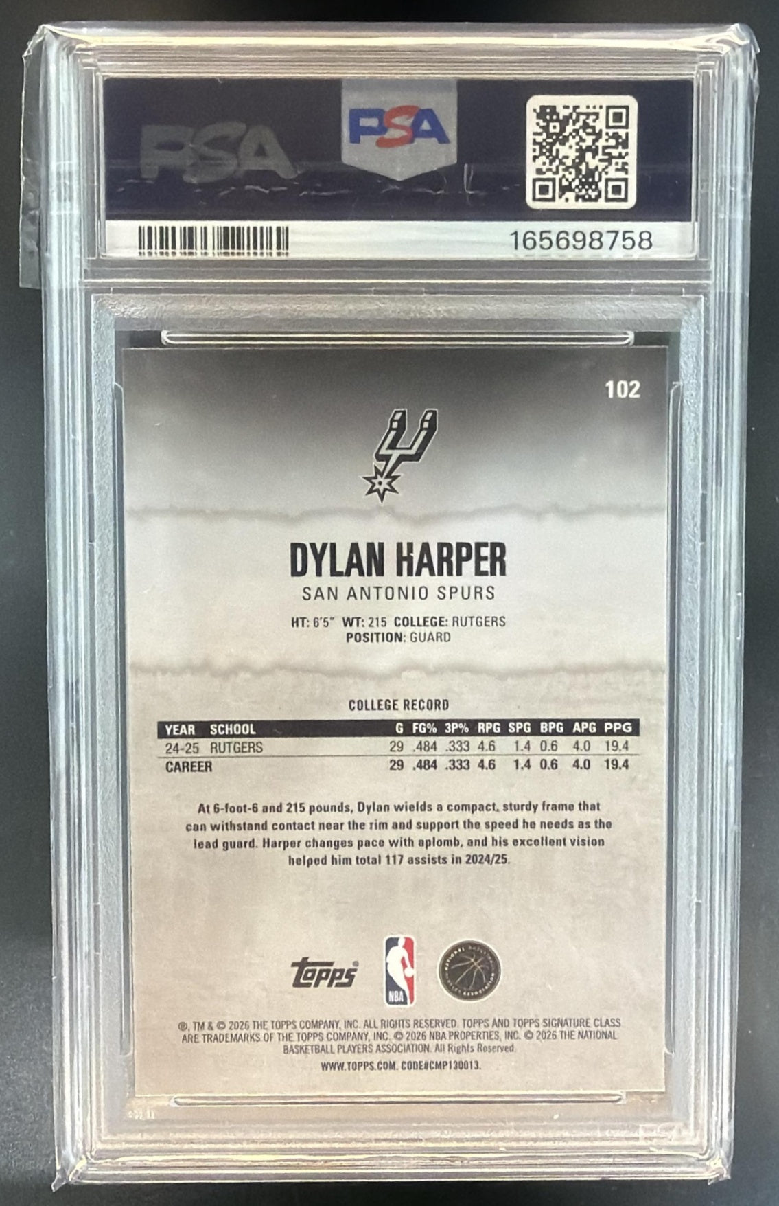 2025 Topps Signature Class Dylan Harper Chrome Rookie Pandora Refractor RC PSA 7 — back
