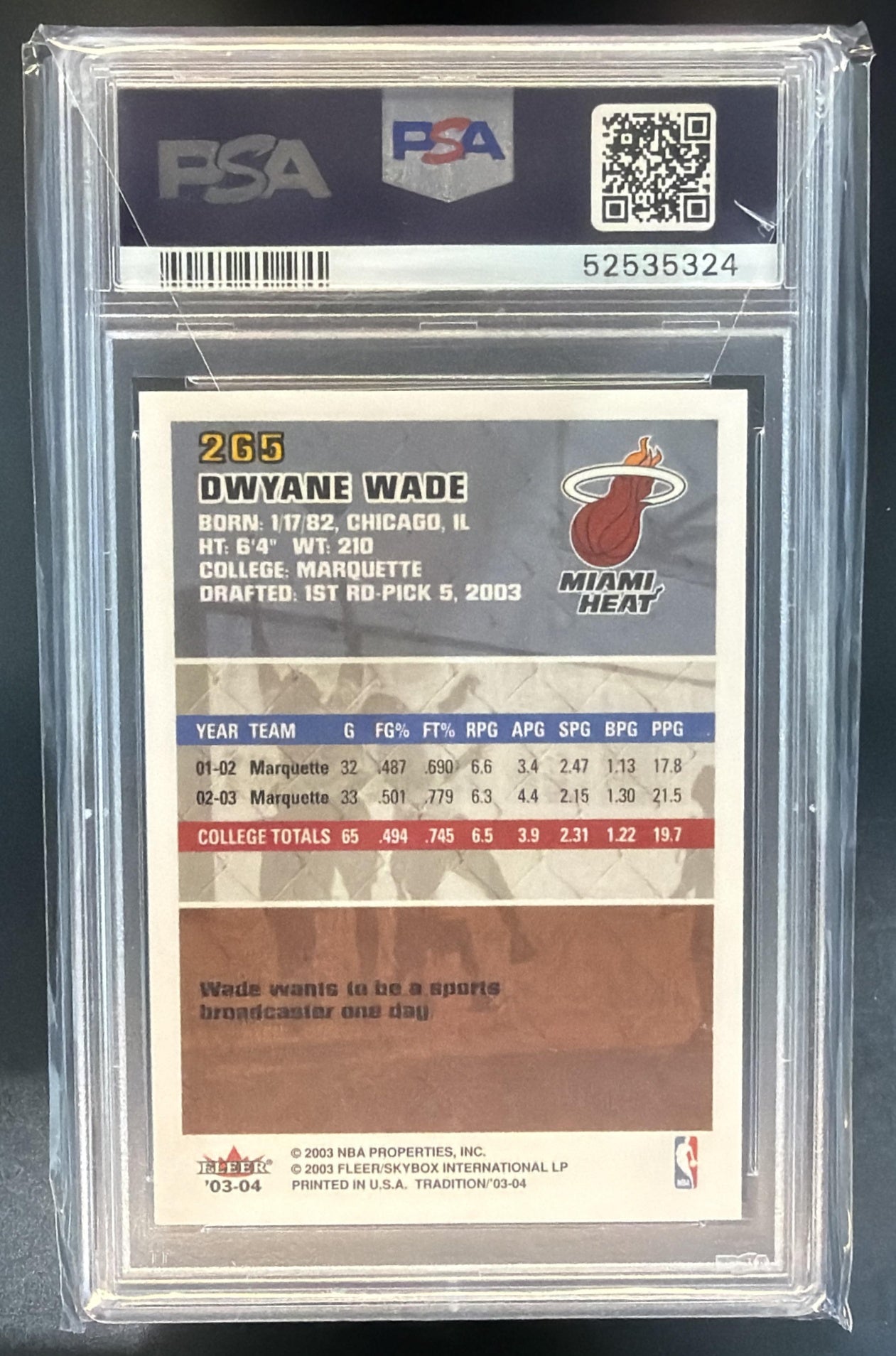 2003-04 Fleer Tradition Dwyane Wade #265 RC Heat PSA 9 — back