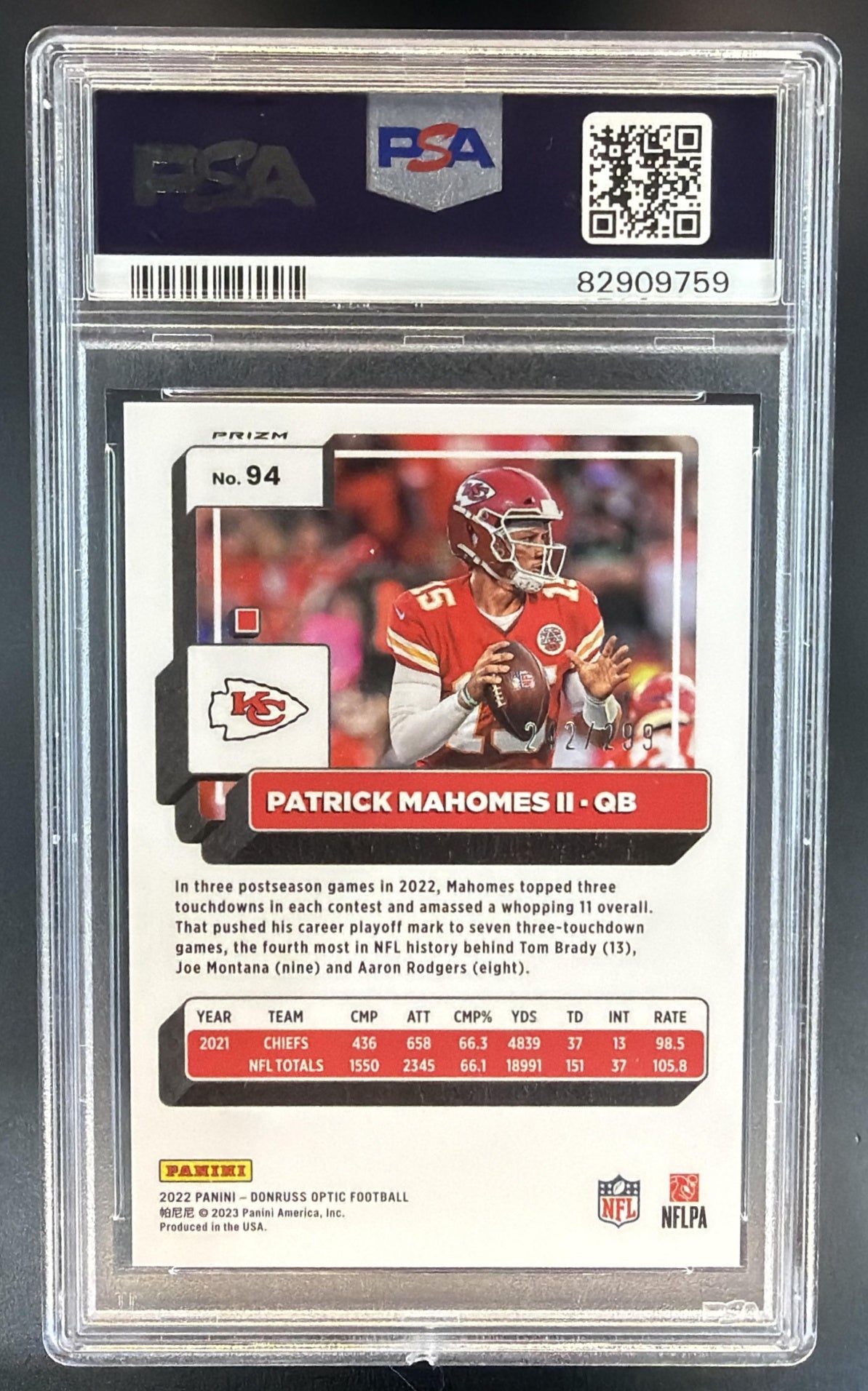 2022 Panini Donruss Optic Patrick Mahomes II #94 Aqua 2/299 Chiefs PSA 8 — back