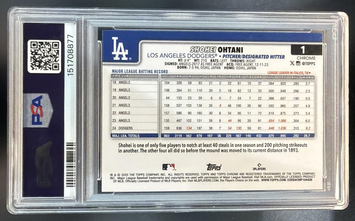 2025 Topps Chrome Shohei Ohtani #1 Dodgers PSA 9 — back