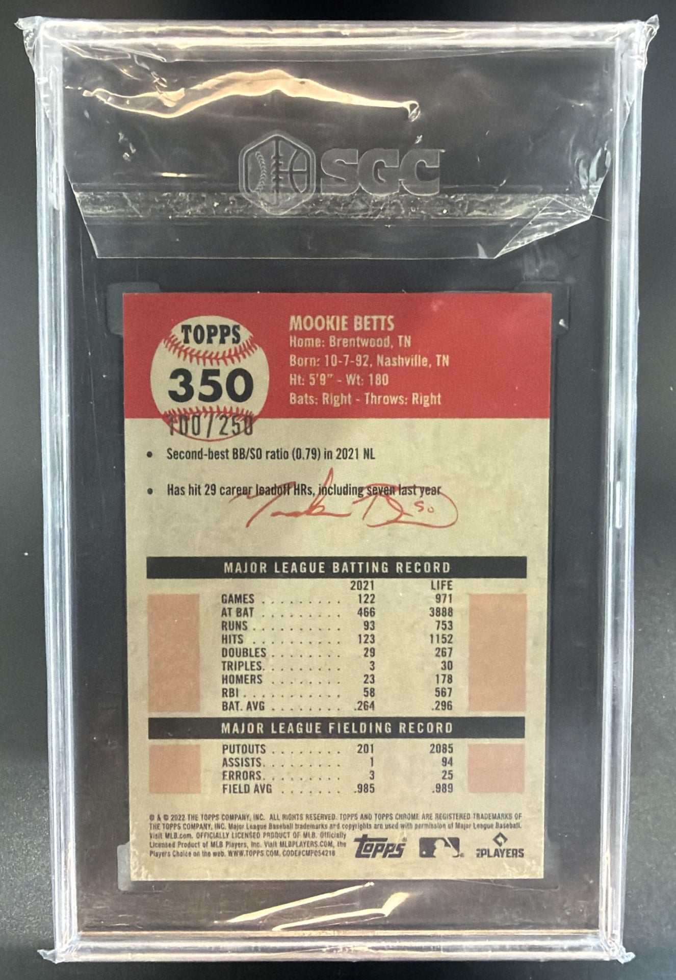 2022 Topps Chrome Platinum Anni. Mookie Betts Yellow RayWave Ref. /250 SGC 10 — back