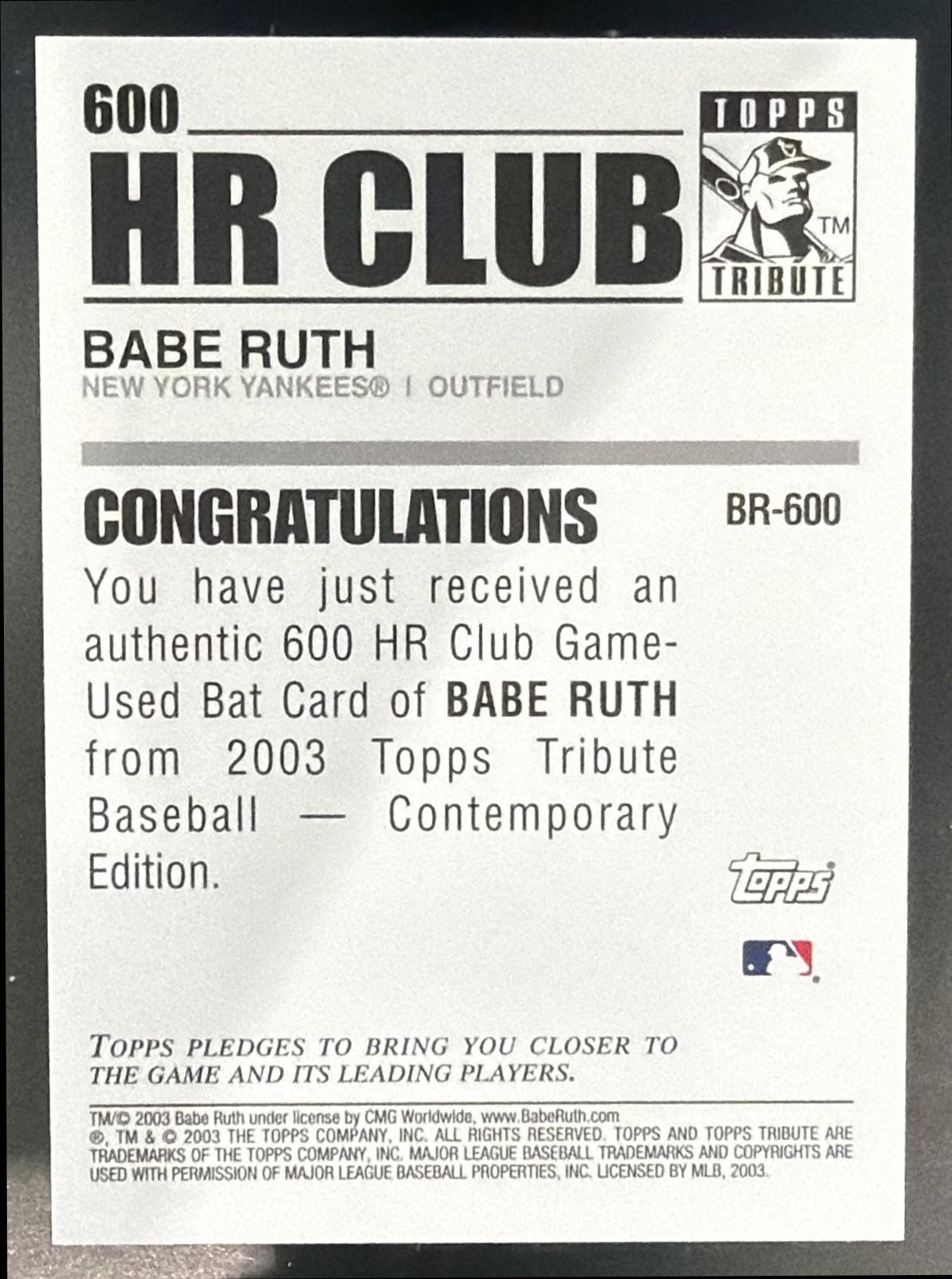 2003 Topps Tribute 2010 Buyback Babe Ruth #BR Bonds 600 HR Club Relics /35 — back