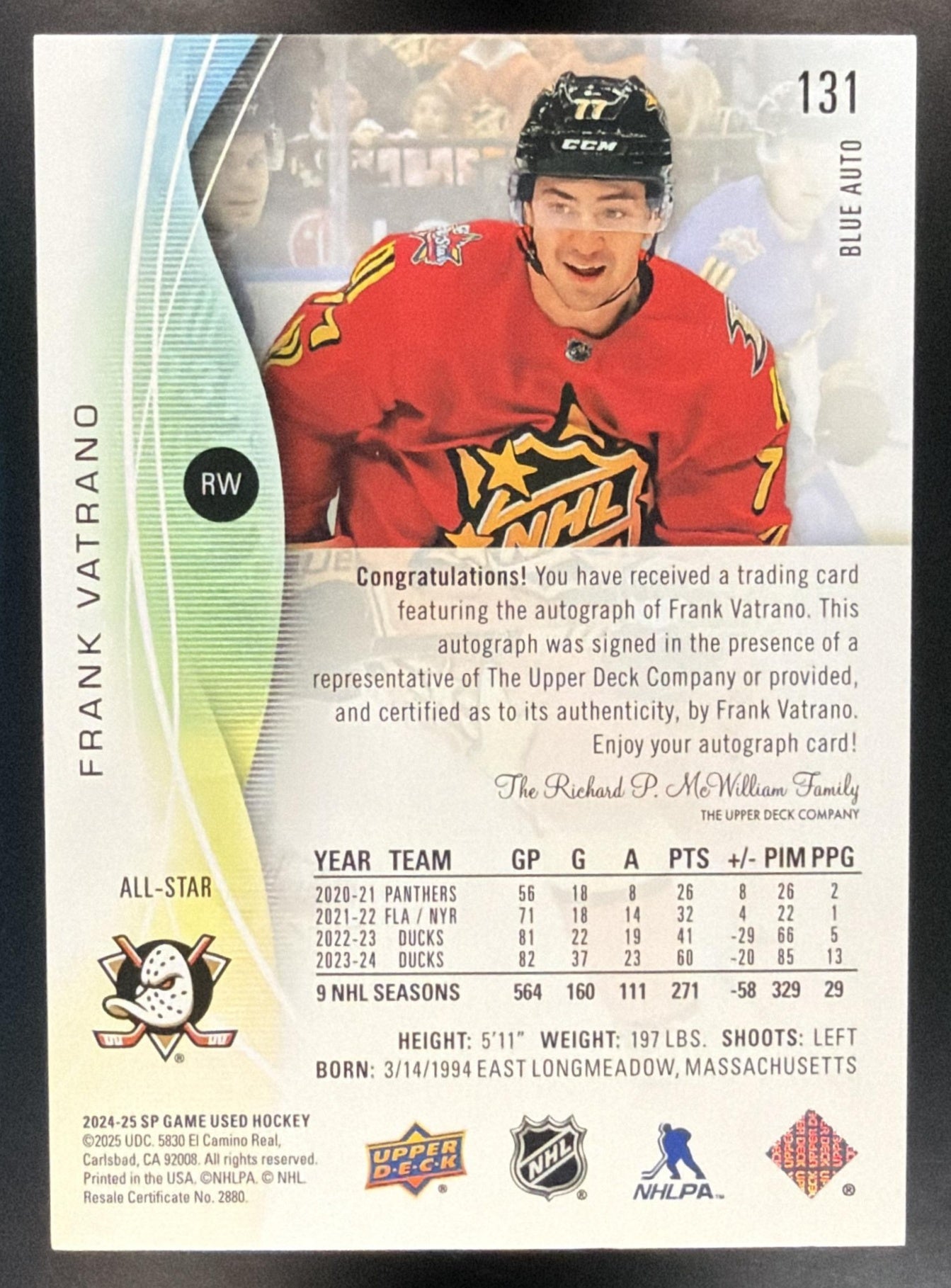 2024-25 Upper Deck SP Game Used Frank Vatrano #131 Auto Blue All-Star Ducks — back